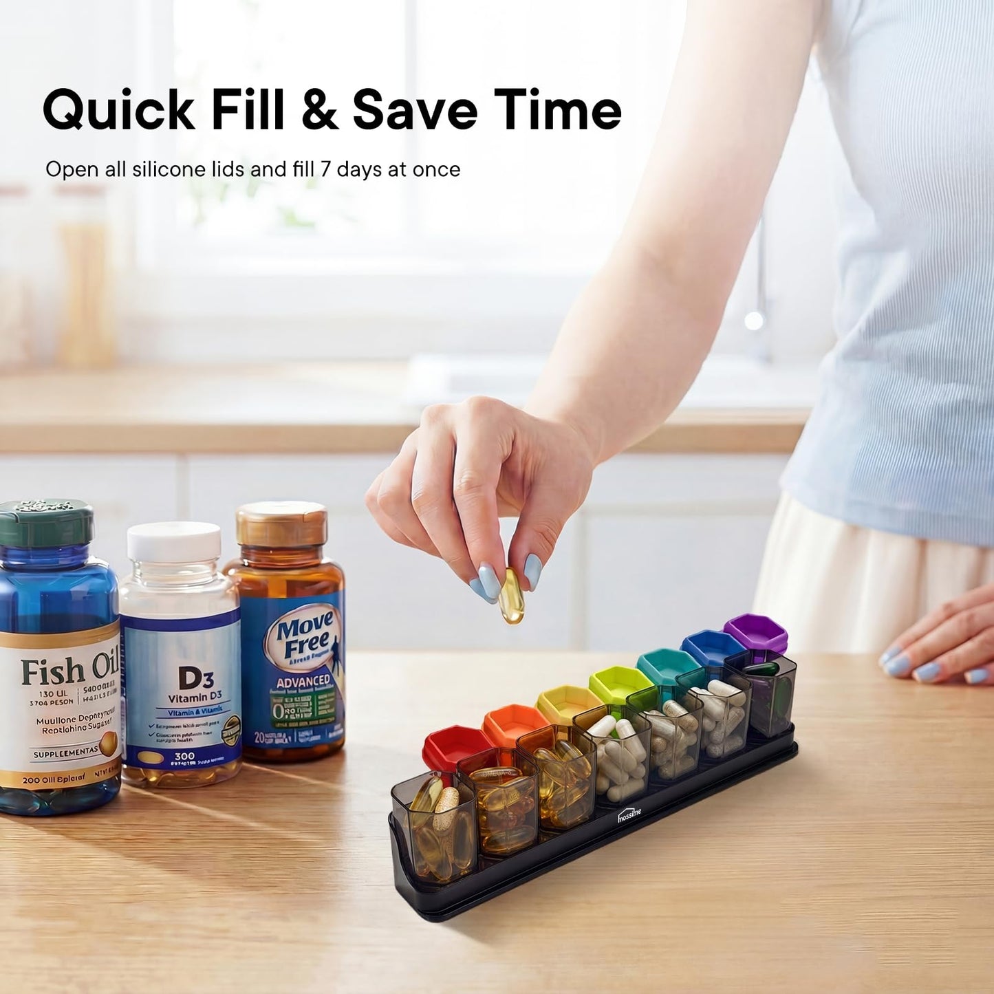 Large Weekly Pill Organizer 1 Time a Day, BPA-Free Pill Dispenser, 7 Day Removable Pill Box with Silicone Lids, Spill Proof Travel Case for Vitamins, Supplements & Daily Medication