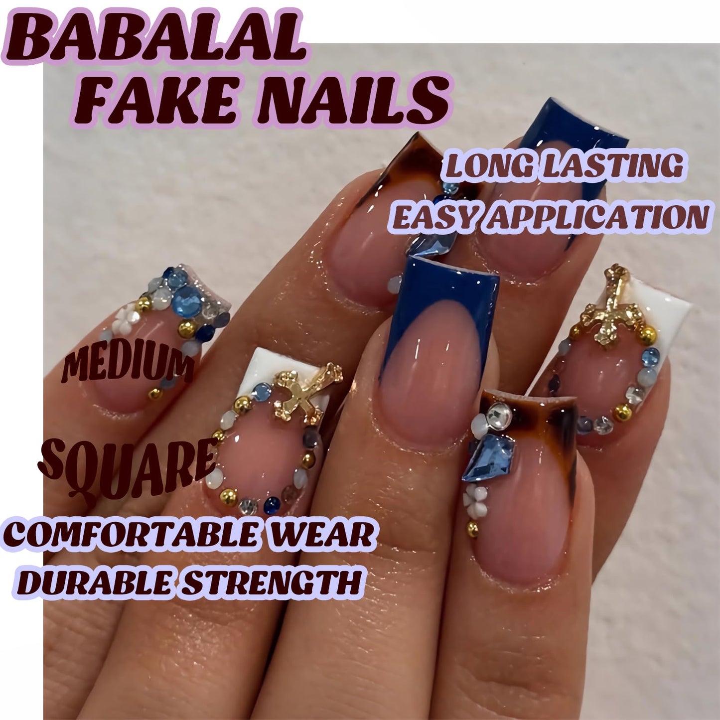 BABALAL Punk Press On False Nails Short Square Fake Nails Fall Cheetah Glue ons Blue White French Tip Acrylic Nails with Cross Charm 24Pcs Gothic Squoval Full Cover Handmade Supplies