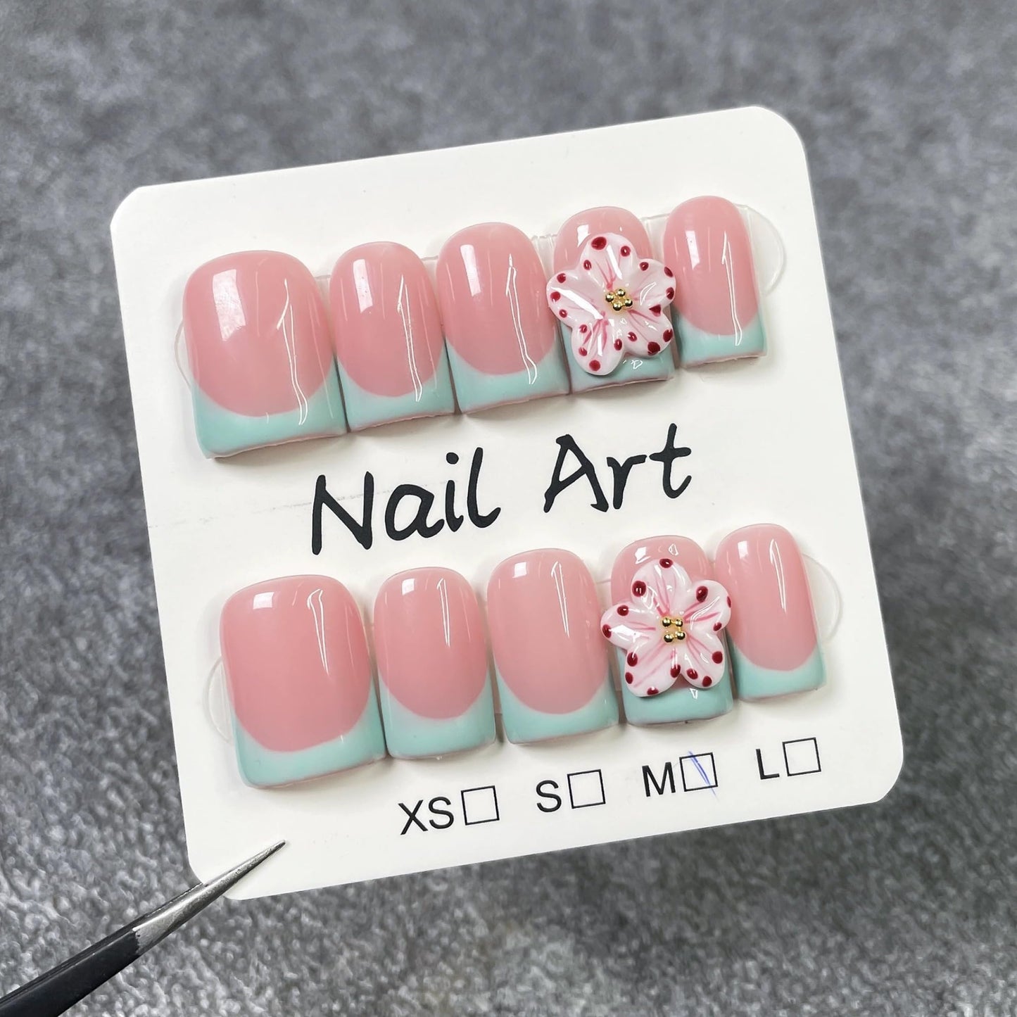 3D Flower Press on Nails Short Square Fake Nails Thick and Multi-Layer Gel Handmade Press On Nails Green French Tip False Nails with Designs Luxury Stick on Nail for Women Manicure (Size M)