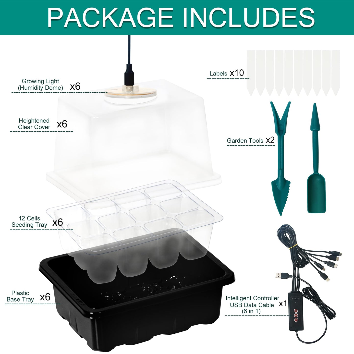 LYDTICK 6-Set Seed Starter Tray with Grow Light, Seed Starting Trays Kits with Timing Controller Adjustable Humidity Domes Heightened Lids(12-Cells Per Tray)