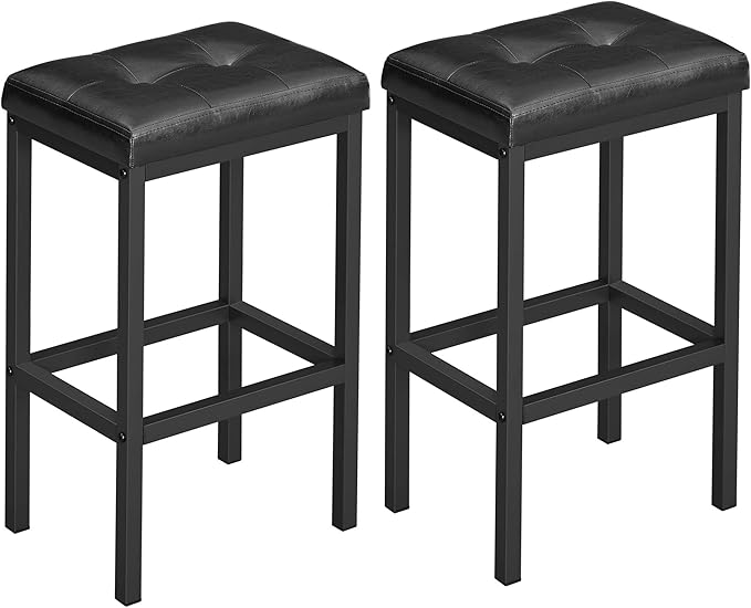VASAGLE Bar Stools, Set of 2 PU Upholstered Breakfast Stool, 15.7 x 11.8 x 24.4 Inches, Backless, Simple Assembly, Industrial, Dining Room Kitchen Counter Bar, Black Seat and Black Frame ULBC068B81