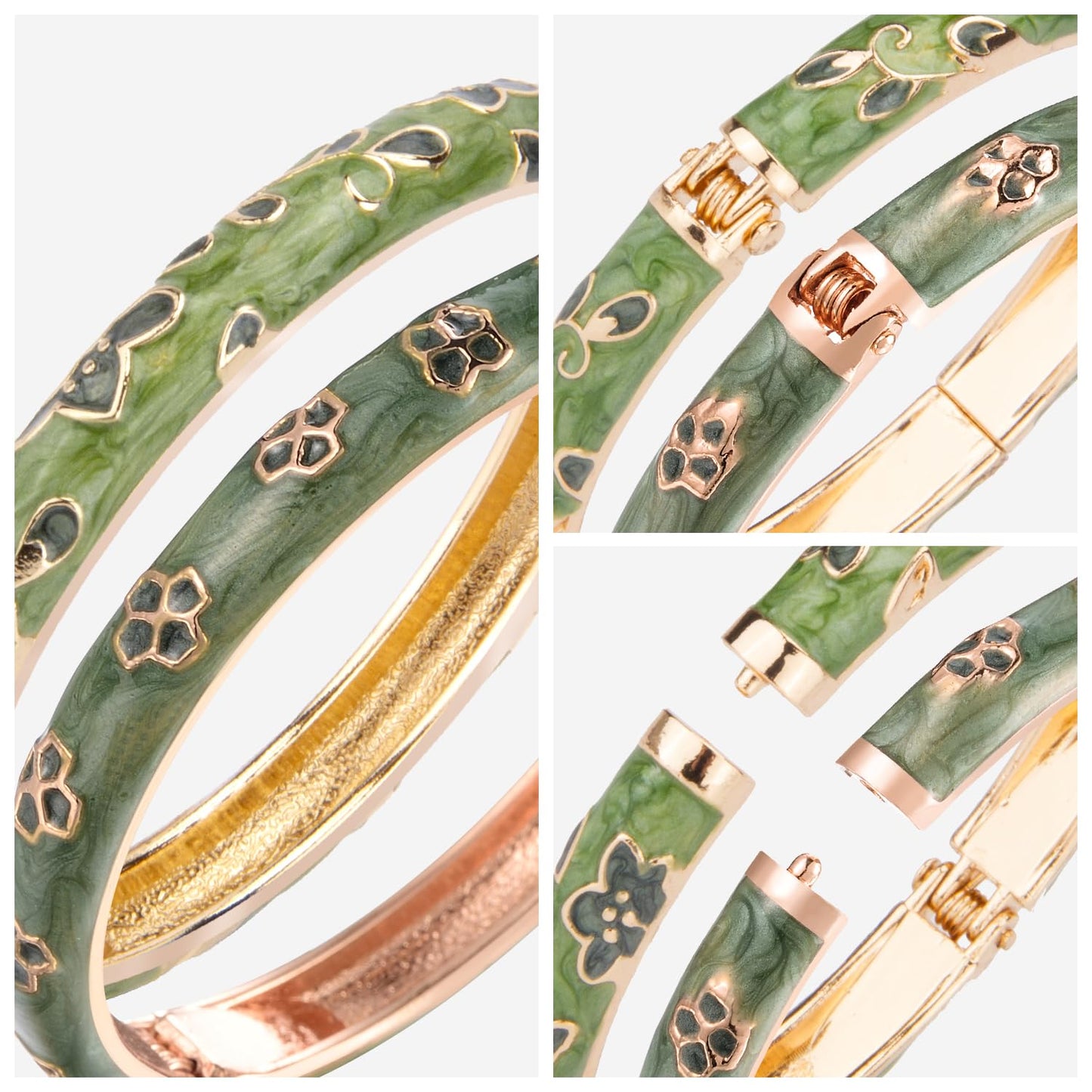 UJOY Women Cloisonne Bracelet Multi-colors Rhinestone Flower Hollowed Enameled Gold Hinged Cuff Bangles Jewelry Gift 88C06 3pcs green