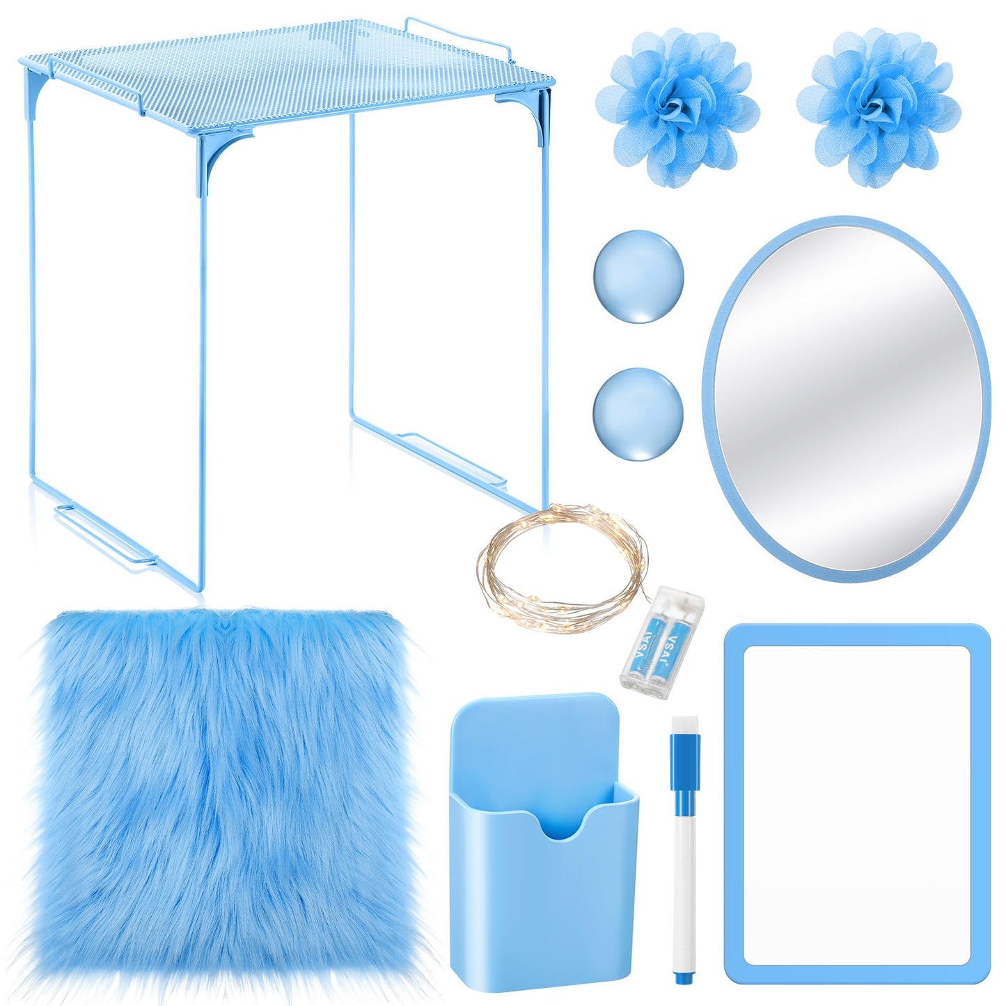Patelai 11 Pcs Locker Accessories Kit Included Locker Shelf Magnetic Mirror Pen Holder Whiteboard Marker Faux Fur Rug Light String and Magnet for Back to School Essentials(Blue)