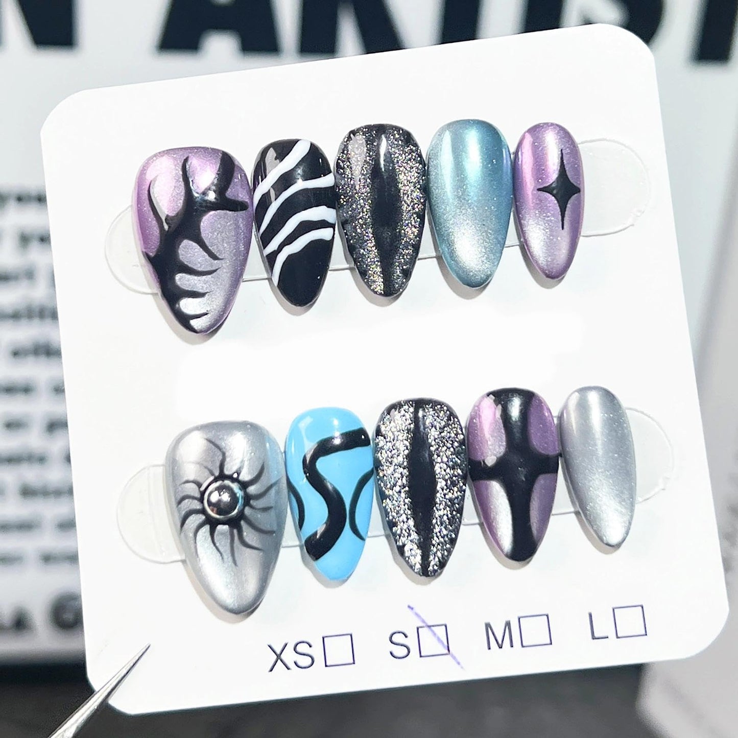Handmade 3D Dark Mystic Oval Press On Nails, Multi-Color Stream Star Artisan Nails Set, Reusable Glossy Press-ons with Tool Kit(S)