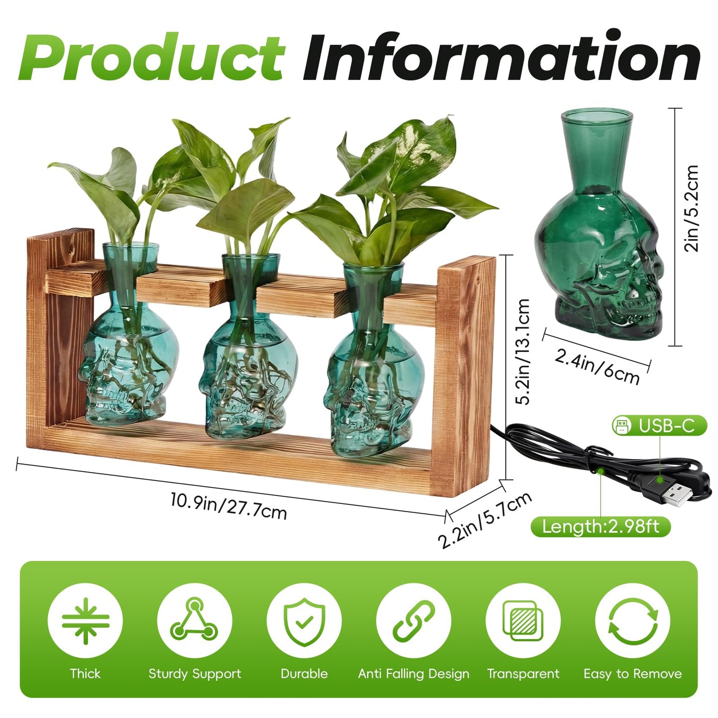Skull Plant Propagation Station with LED Lights - Halloween Decor Skull Planter, Hydroponics Pot for Office, Unique Gifts for Women & Plant Lovers(Grey)