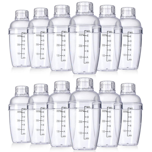 Lallisa 12 Pcs Plastic Cocktail Shaker Drink Mixer with Scales and Strainer Top Clear Shaker Cup with Measurement Plastic Mixing Tool for Tea Coffee Bubble Tea Milk(350 Cc/ 12 oz)