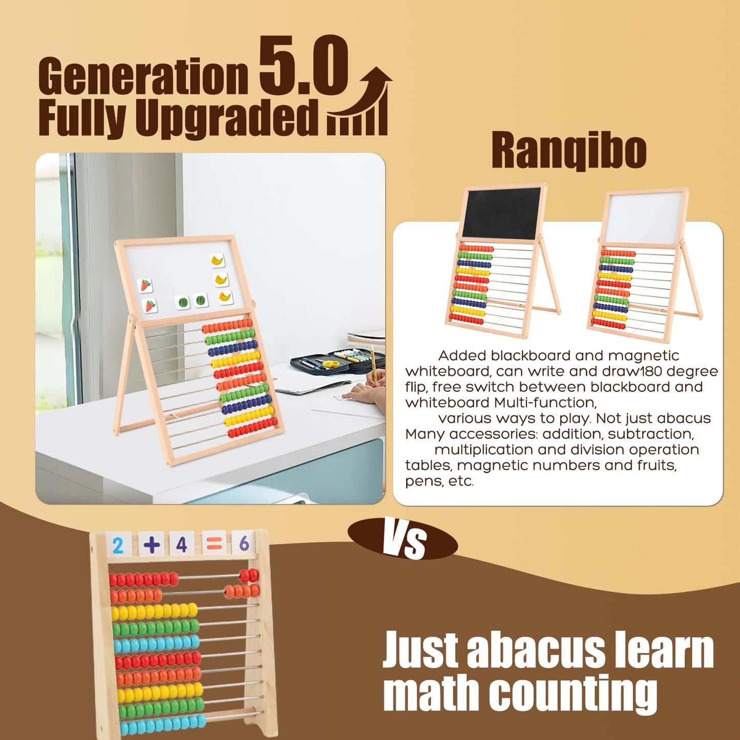 Ranqibo Wooden Abacus for Kids Math - Double-Sided Blackboard Whiteboard Magnetic Abacus with 100 Magnetic Number & Fruit Stickers - Educational Counting Games Kids Gift