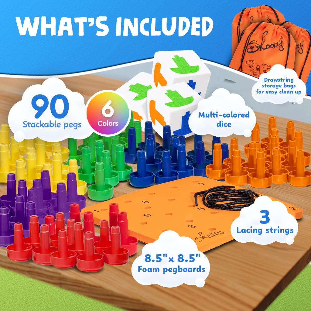 Skoolzy Montessori Sensory Pegboard 33 Piece Set - Develop Sensory Play Occupational Therapy STEM Learning Educational Toys for Kids 2+ - Includes Foam Board, Lacing String, Dice, Storage Bag, eBook