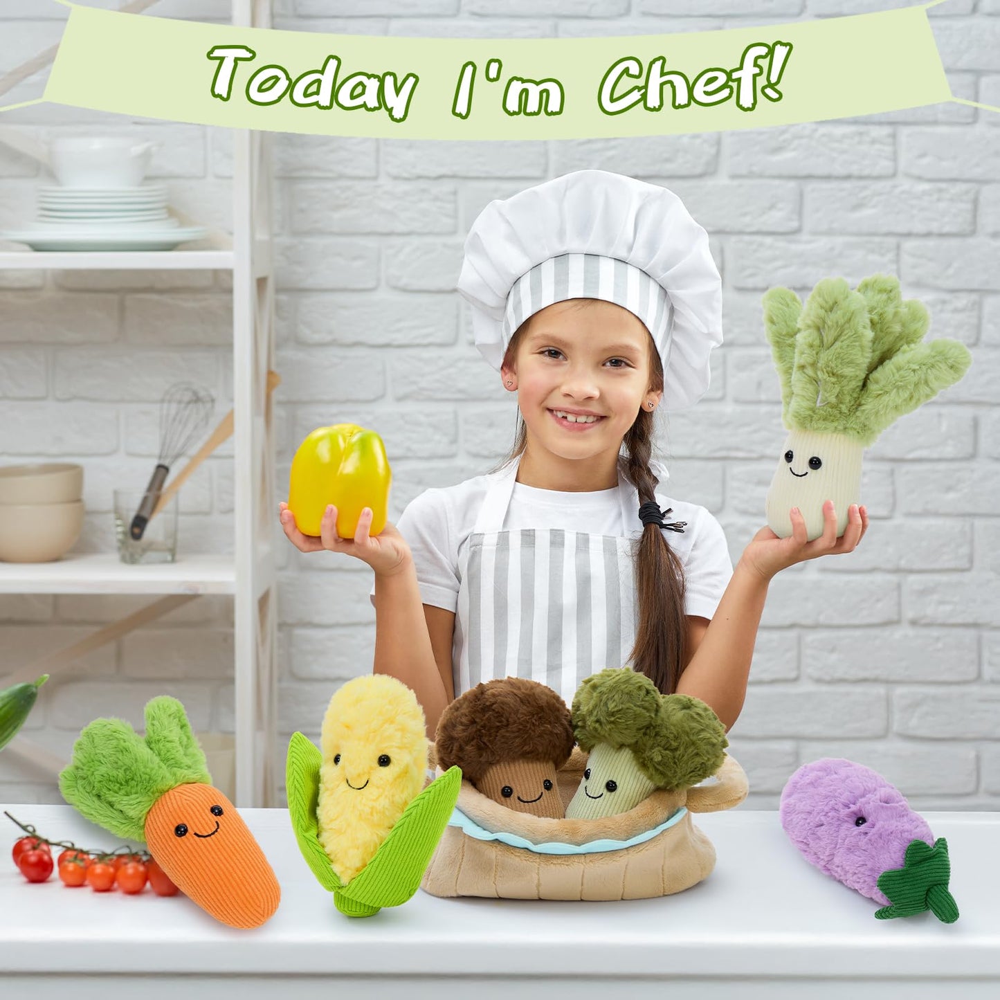 Tezituor 7 Pack Soft Vegetable Plushies Bulk for Easter Basket Veggie Stuffed Animals Interactive Toys Multi-Pack Food Playset Educational Plush Toy for Toddlers Party Favors Decor