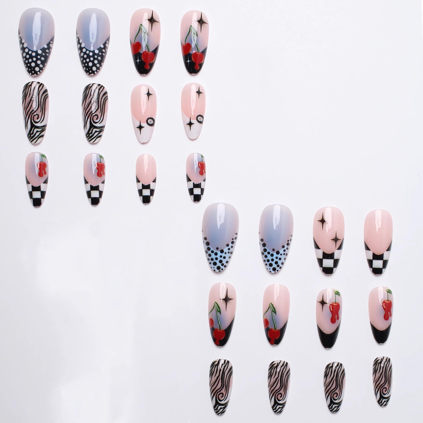 BABALAL Press on Nails Medium Almond Fake Nails Black Y2k Goth Glue ons Cherry & Polka Dot Design Supplies 24Pcs Full Cover Trendy Glossy Acrylic False Nails