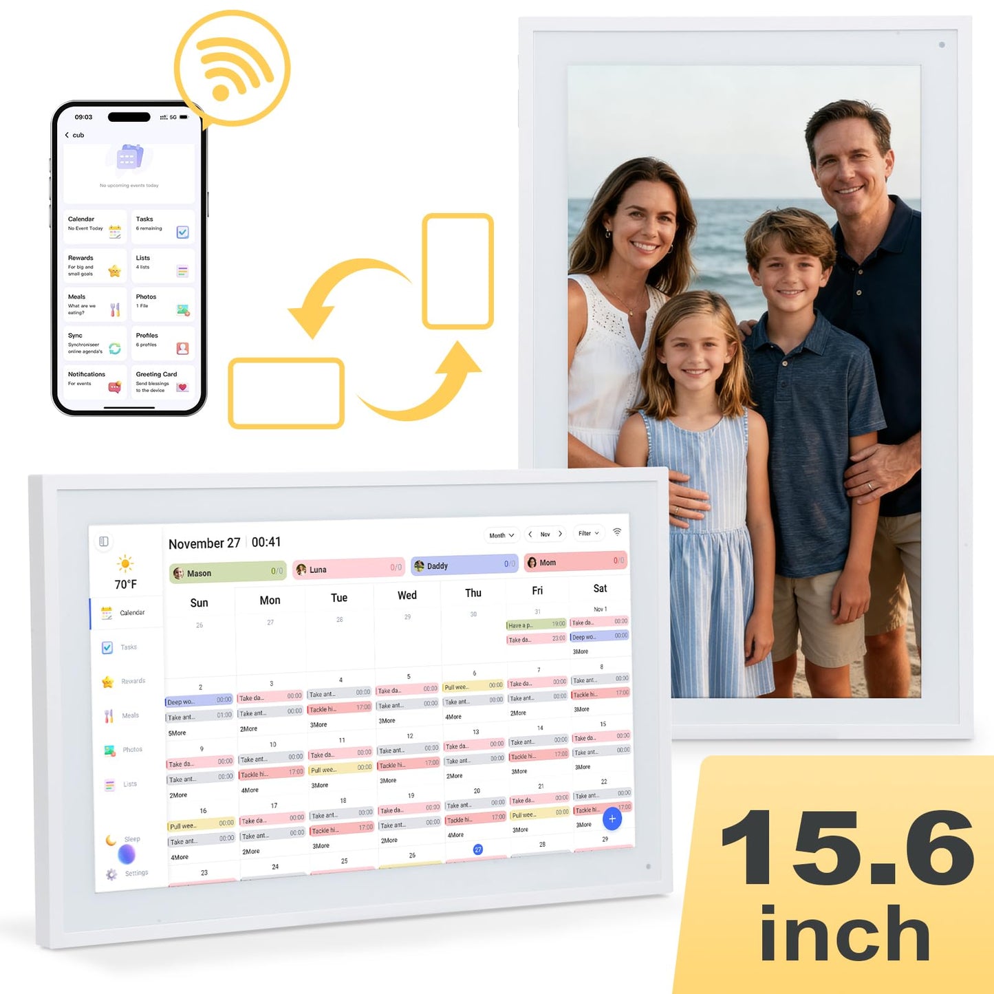 COMIX 15.6" Smart Digital Wall Calendar - WiFi Family Organizer with Sync Google/Outlook/Apple Calendar, Touchscreen Meal Planner & Chore Chart, Digital Photo Frame for Home & Office