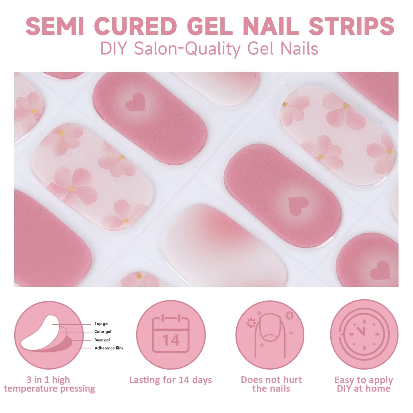 DUKASOU Semi Cured Gel Nail Strips,28 Pcs Flowers Gel Nail Stickers Wraps,Long Lasting Polish Strips with UV Light Requried, Easy to Apply (Pink Love)