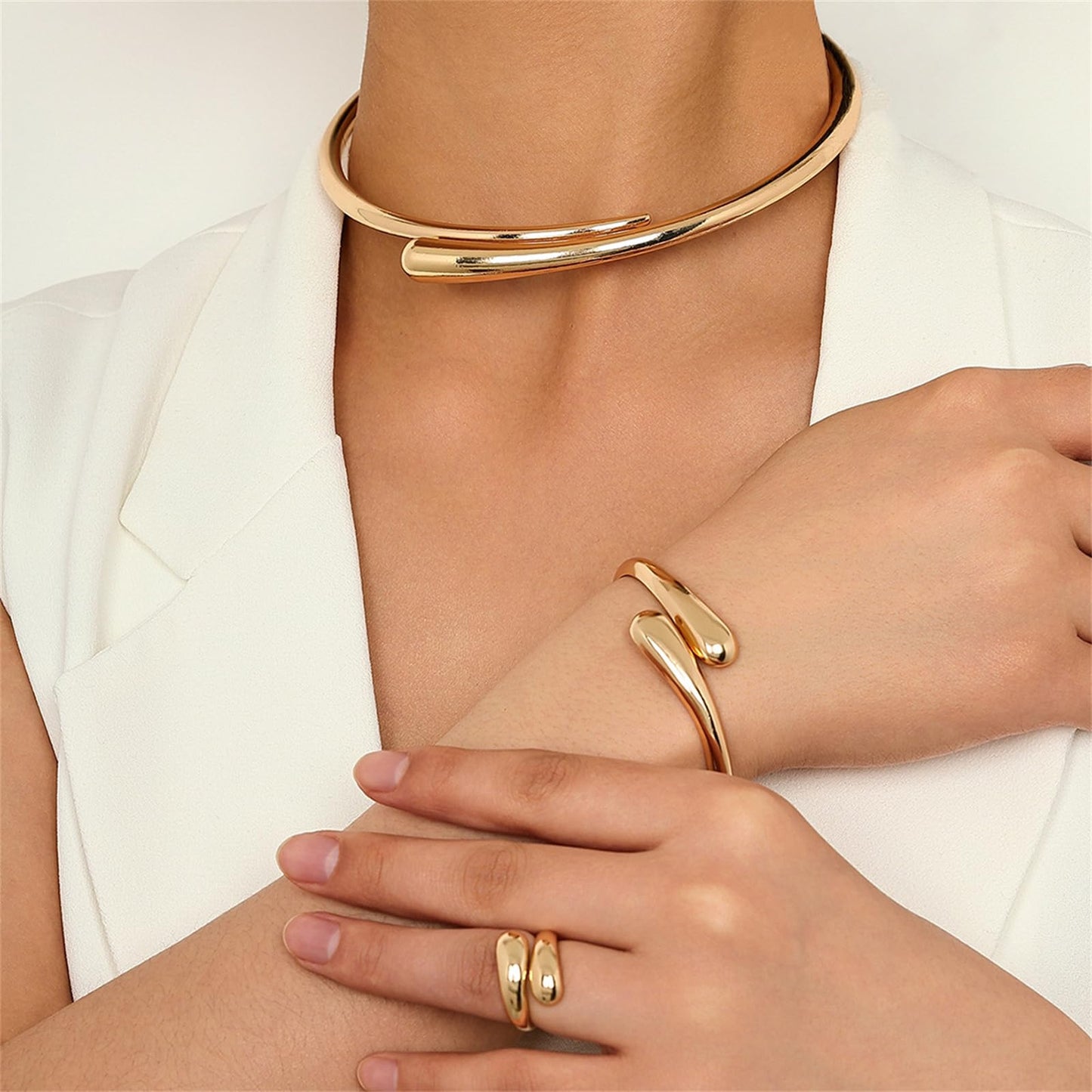 Hcrohihit Chunky Thick Cuff Bangle Bracelet for Women,Minimalist Adjustable Open Cuff Bracelet and Ring Collar Set,Polished Statement Cuff Bangle,Fashion Jewelry (C Gold)
