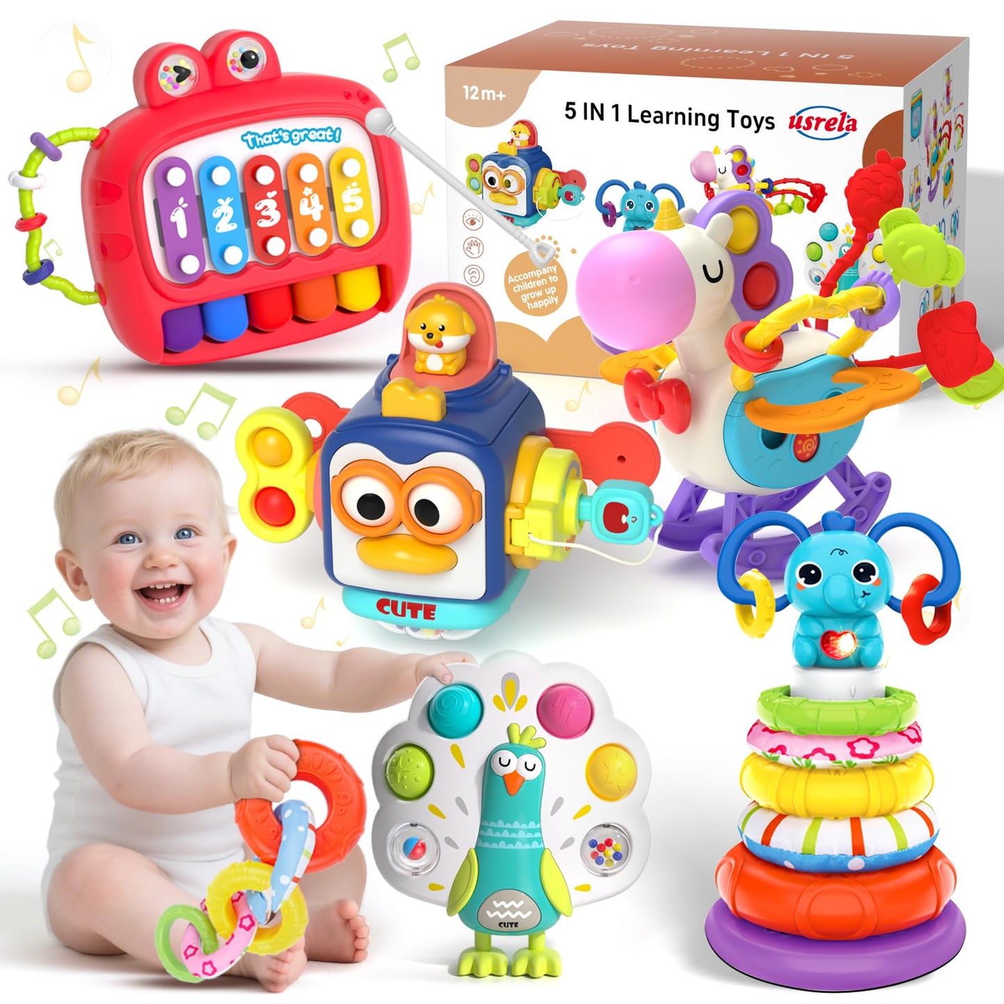 usrela 5 in 1 Baby Toys for 12 18 Month, Learning Toy for Babies 12-18 Months, Baby Busy Cube, Stacking&Sensory, Pull String&Piano Xylophone Toy, Birthday Gift for 12+ Month