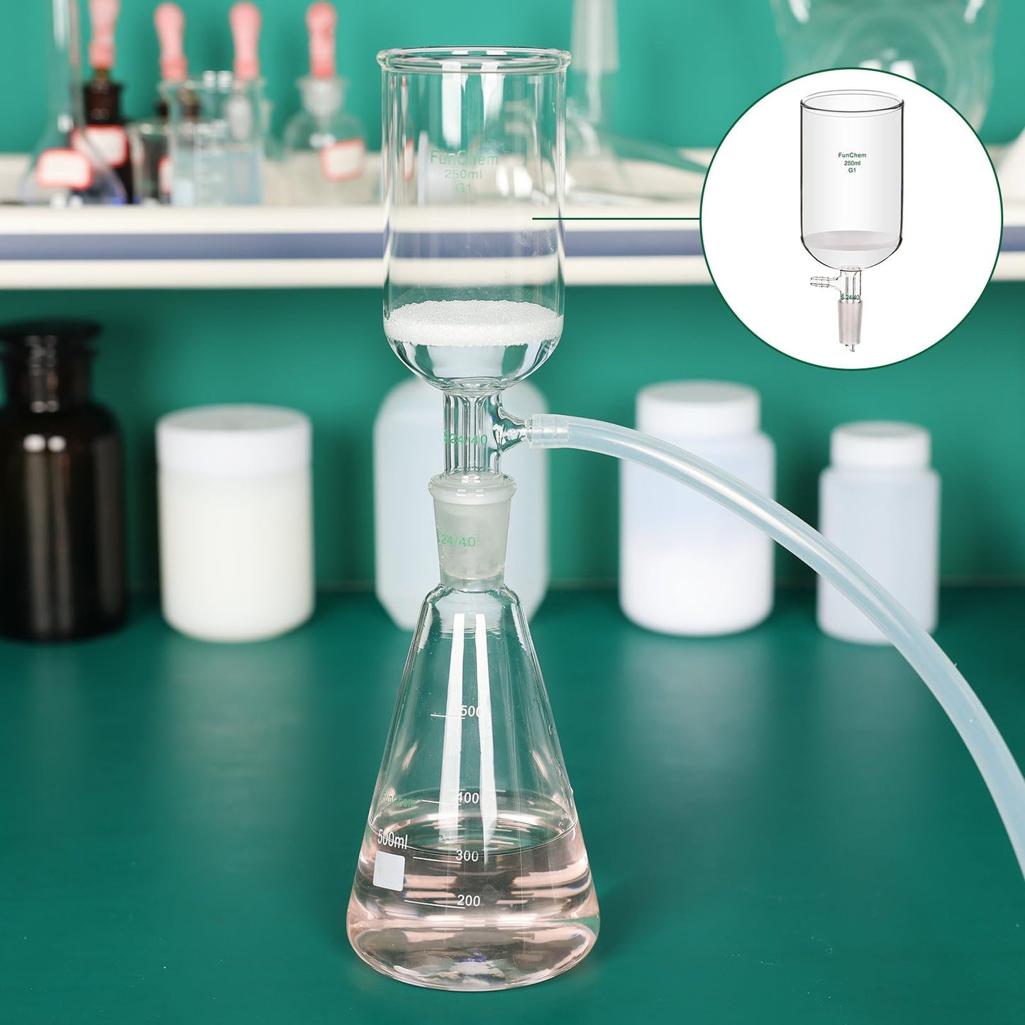 FunChem Buchner Filtering Funnel with Medium Frit (G2), I.D. 76 mm, 80 mm Depth, with 24/40 Standard Taper Inner Joint and Vacuum Serrated Tubulation, 250 mL