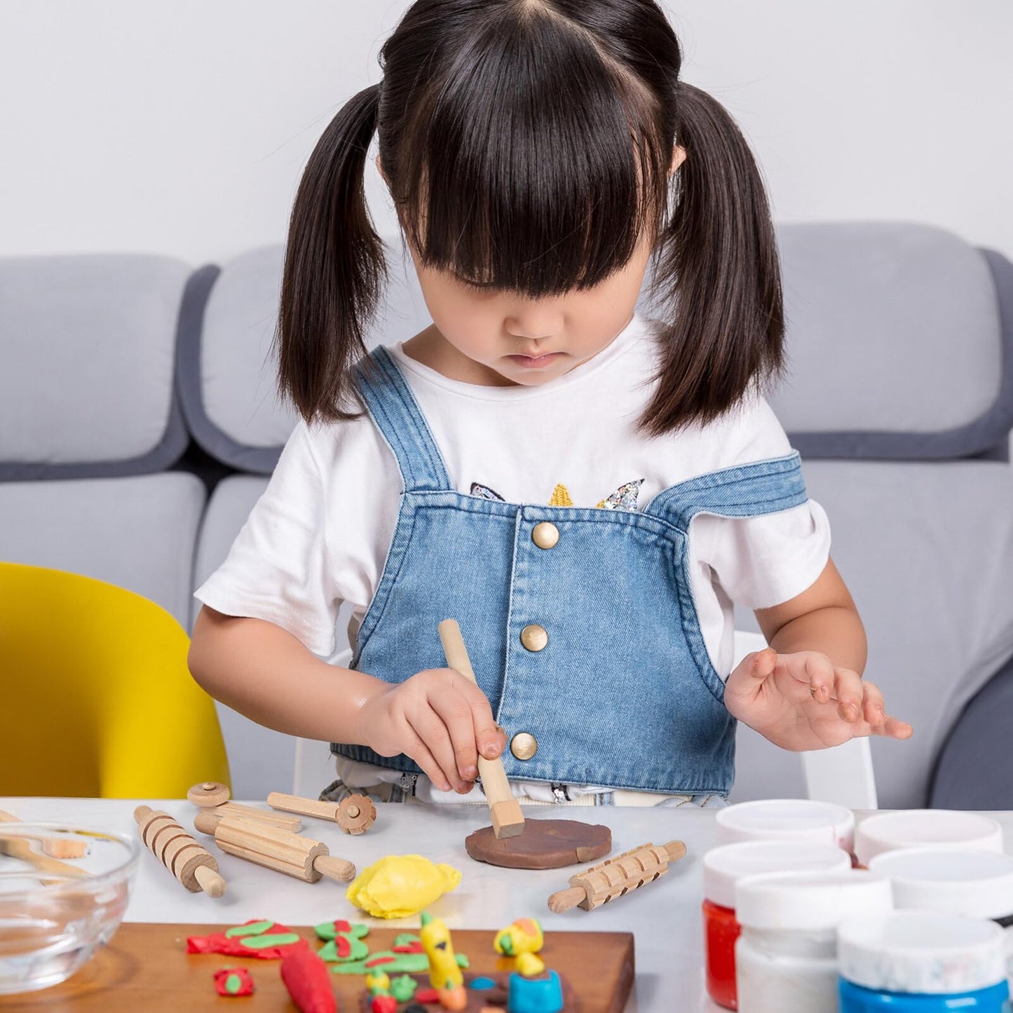 NUOBESTY Wooden Clay Tools Kids Wood Stamps Hand Rollers Plasticine Tools Pottery Molding Clay Accessories for Art DIY Crafts Activities 12pcs