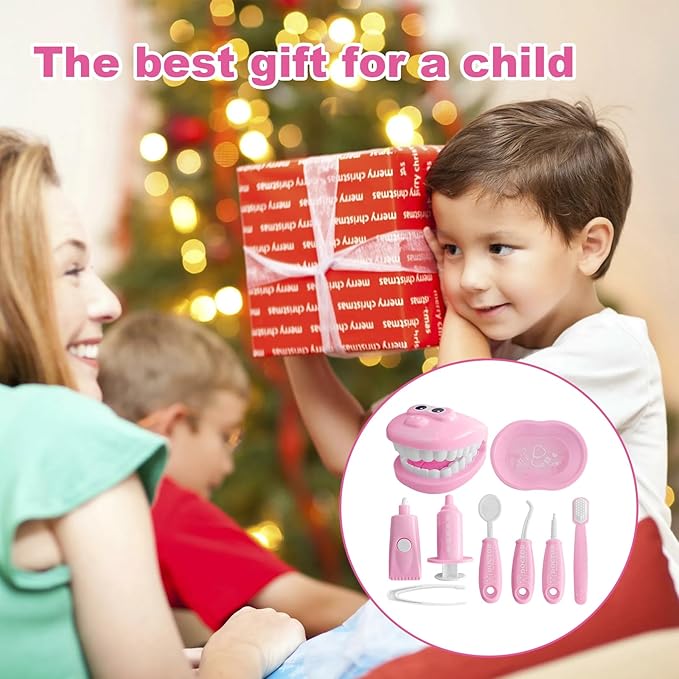 9-Piece Dental Pretend Play Set, Educational Dentist Play Kit with Teeth Model, Toothbrush, Dental Mirror, Syringe, Toothpaste, Tray, and Dental Tools, Fun Pretend Play Doctor Kit for Kids (Pink)