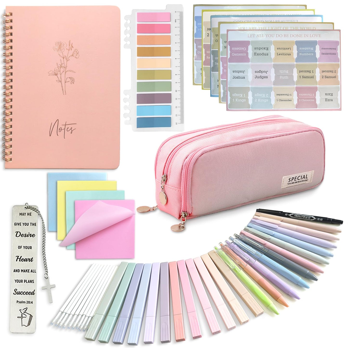 47PCs Bible Journaling Kit BIble Study Supplies for Women Girl,Bible Class Essentials with Large Pen Case,Journal Notebook,No-bleed Highlighters and Pens,Bible Tabs Bookmark,Translucent Sticky Notes