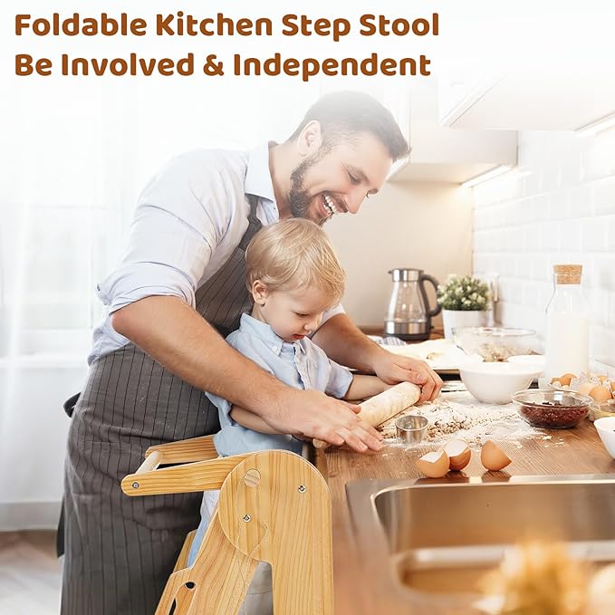 FUNLIO Foldable Kitchen Step Stool, Montessori Step Stool for Kids 2-6 Years, 3-Level Height Adjustable Standing Tower, CPC & CE, Easy to Assemble, Natural