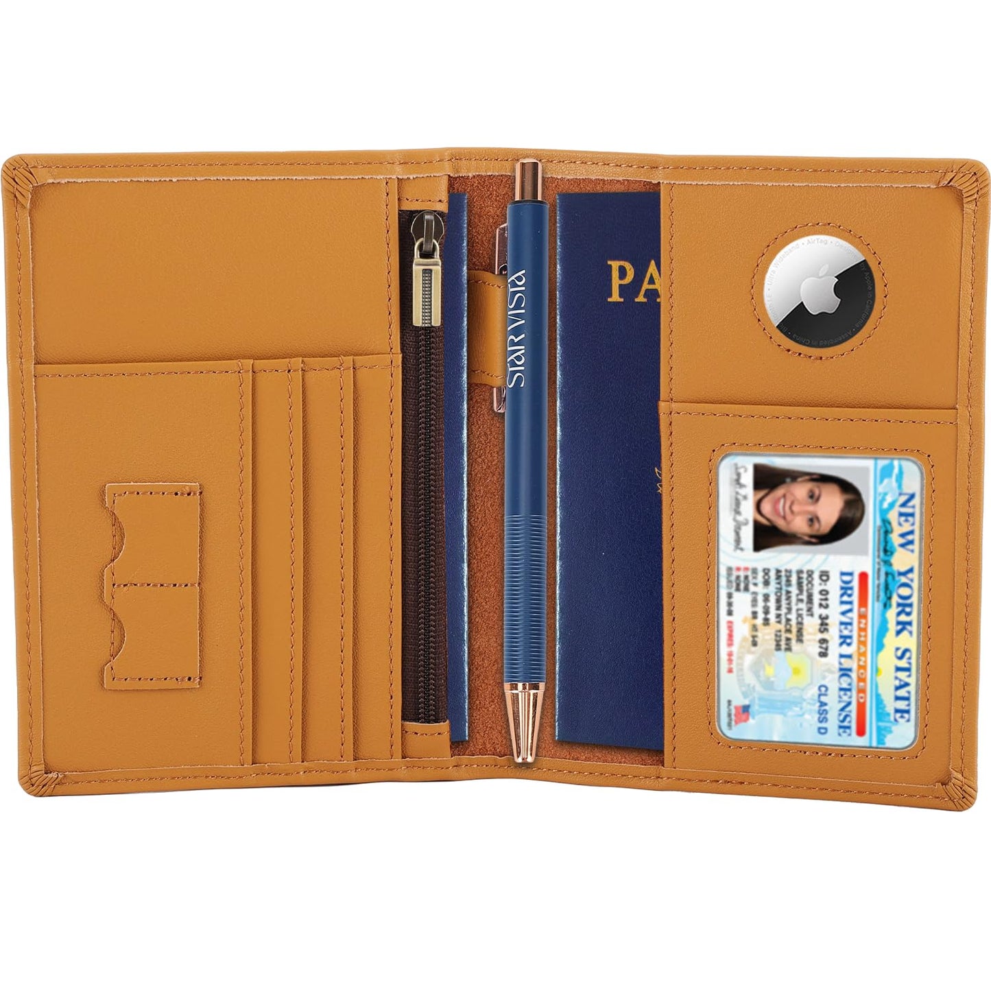 STAR VISTA Phoenix Leather Passport Holder, Calfskin Leather Travel Wallet - RFID Blocking, ID Window, Zipper Pocket, Pen & Notebook Included, AirTag Holder, Honey