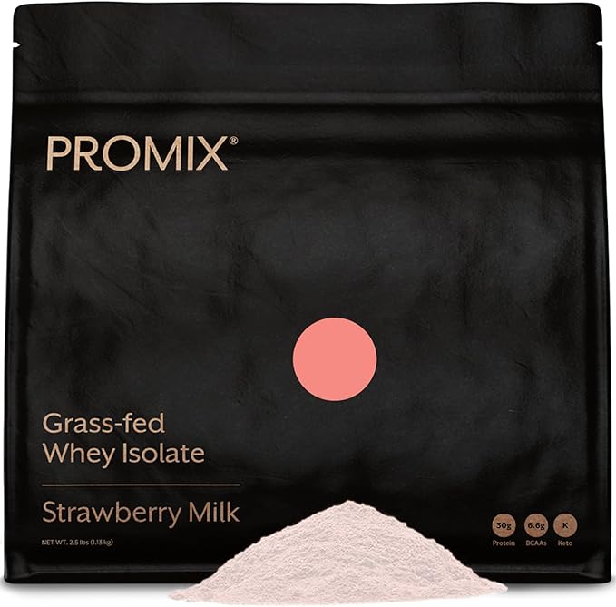 Promix Whey Protein Isolate Powder, 31g Grass Fed Whey Isolate, 6.6g BCAAs, Gluten Free, Keto Friendly, Strawberry Milk, 2.5lb