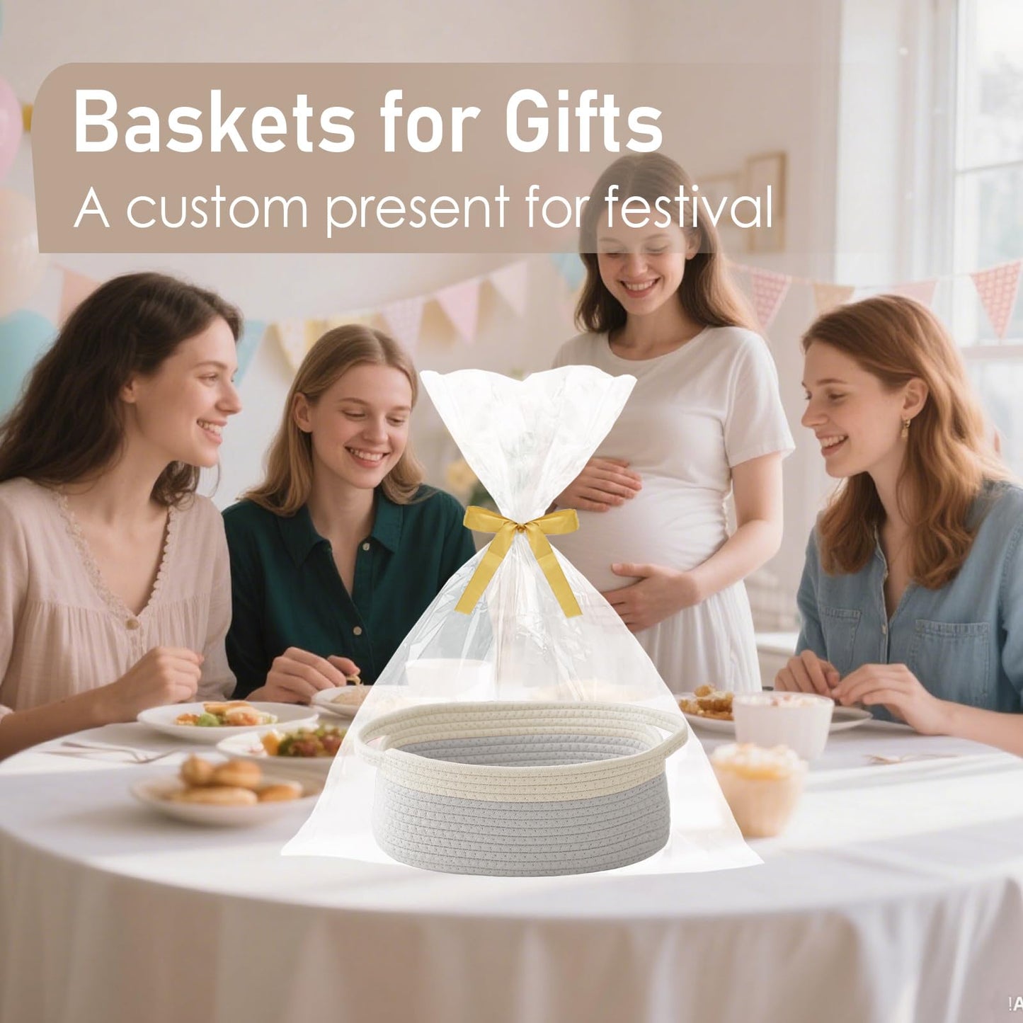 JMvicyroam Woven Basket,Small Rope Storage Bin with Handles & Ribbon Bag, Organizer for Shelves Closets,Gift Basket Empty for Birthday,Books,Dog Toys, White&Grey