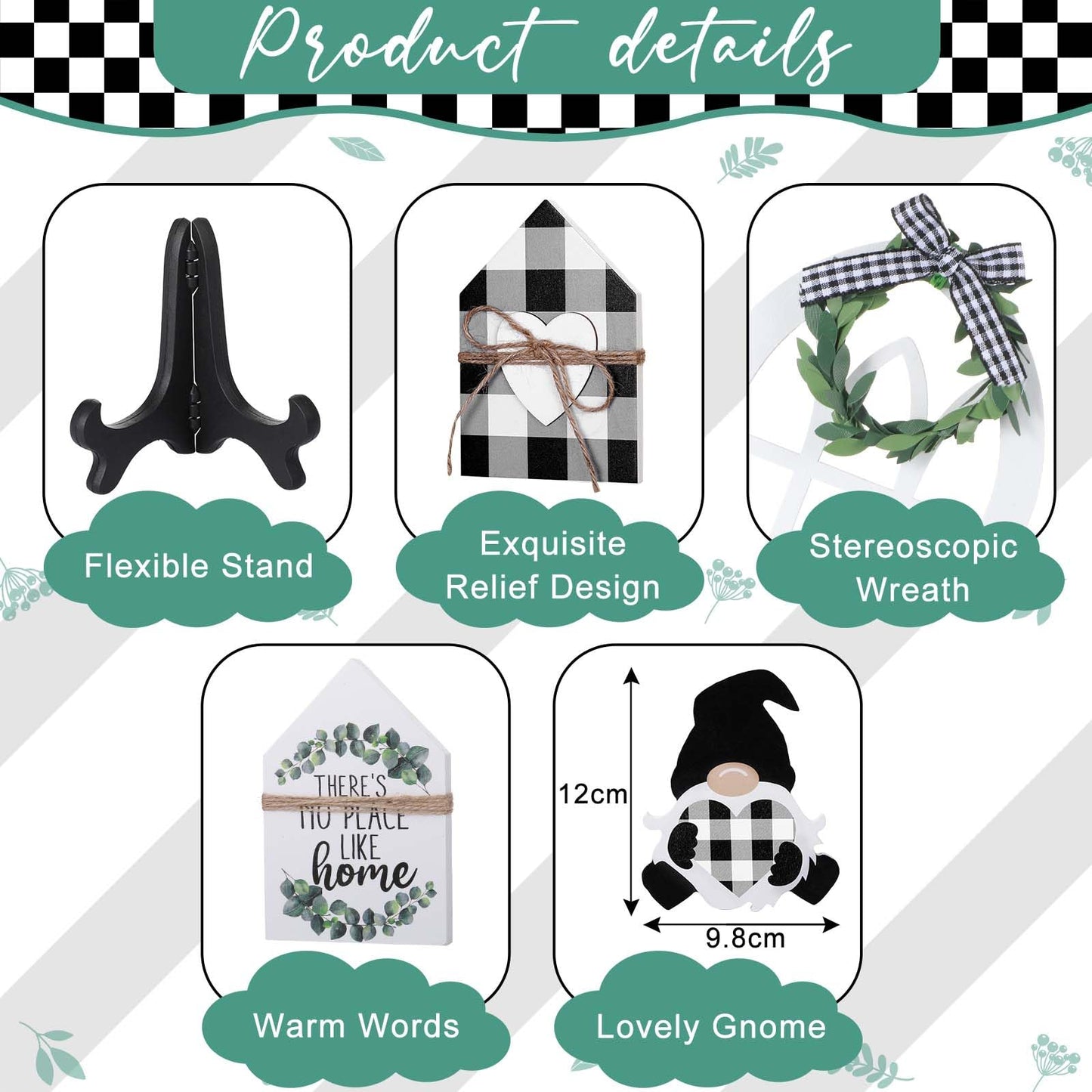 Yalikop 10 Pcs Farmhouse Decor for Tiered Tray, Black White Buffalo Plaid Gnome Wooden Mini Sign Rustic Table Ornaments for Kitchen Table Decor, Housewarming Gift (Cute Style)