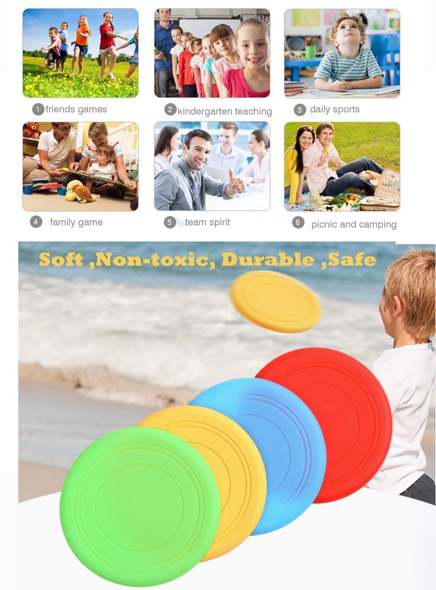 SUHEEUS Kids Flying Disc Toy Outdoor Playing Lawn Game Disk Flyer for Kindergarten Teaching Soft Silicone Colorful 6 Pack Bulk Set