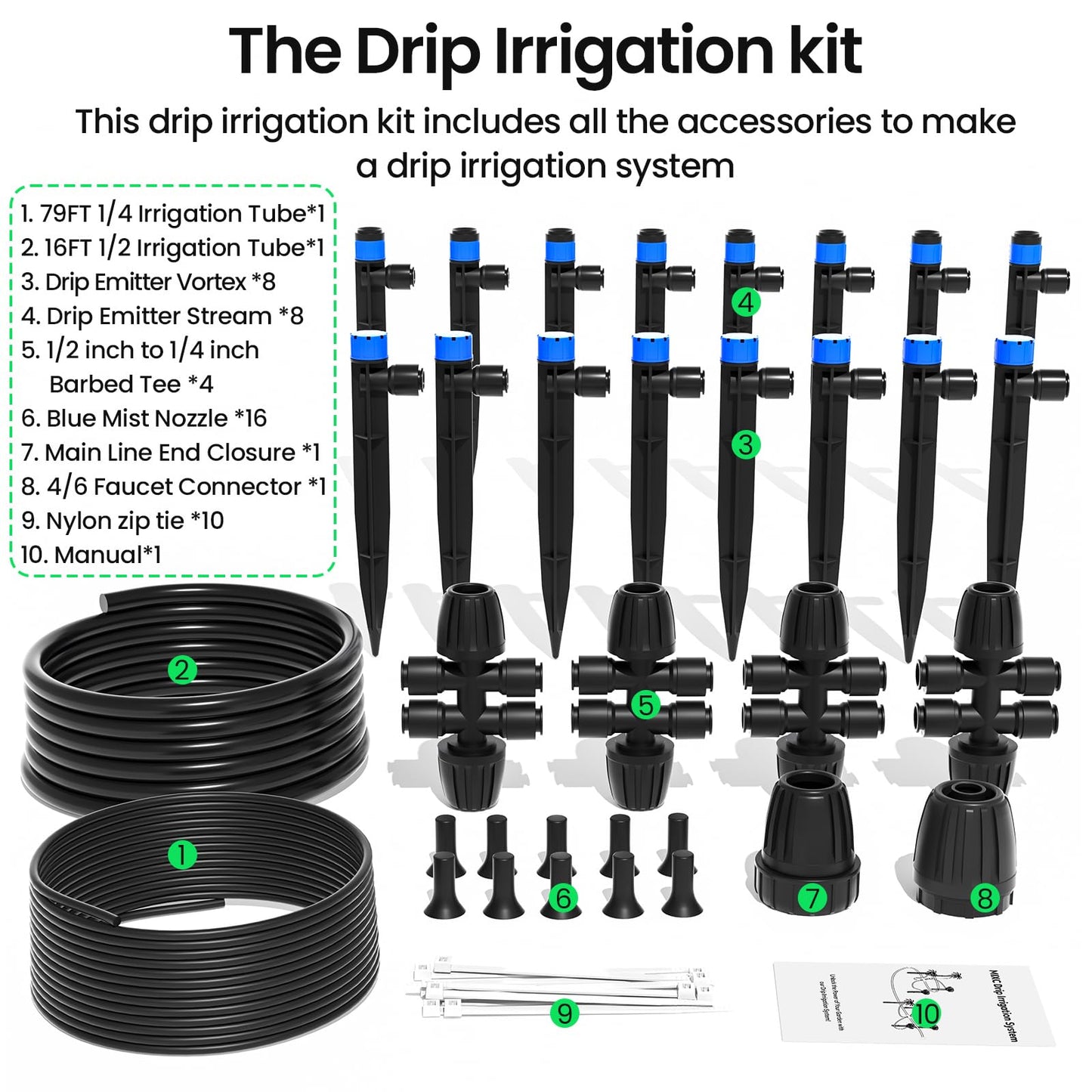 MIXC Drip Irrigation System,Quick Connector Garden Watering System Automatic Sprinkler System Kit for Lawn Raised Bed Greenhouse Plant Watering System (16FT Main Tube+ 79FT 1/4'' Tube)