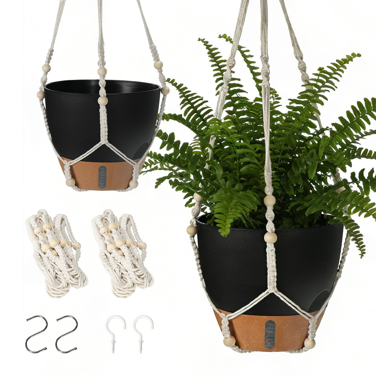 YUNLINGAA Self-Watering Hanging Planters for Indoor Plants Set 2-Piece Includes Plant Hanging Pot, Drainage-Hole Hanging Pot, and Hanging Basket Rack (10 Inches, Black)