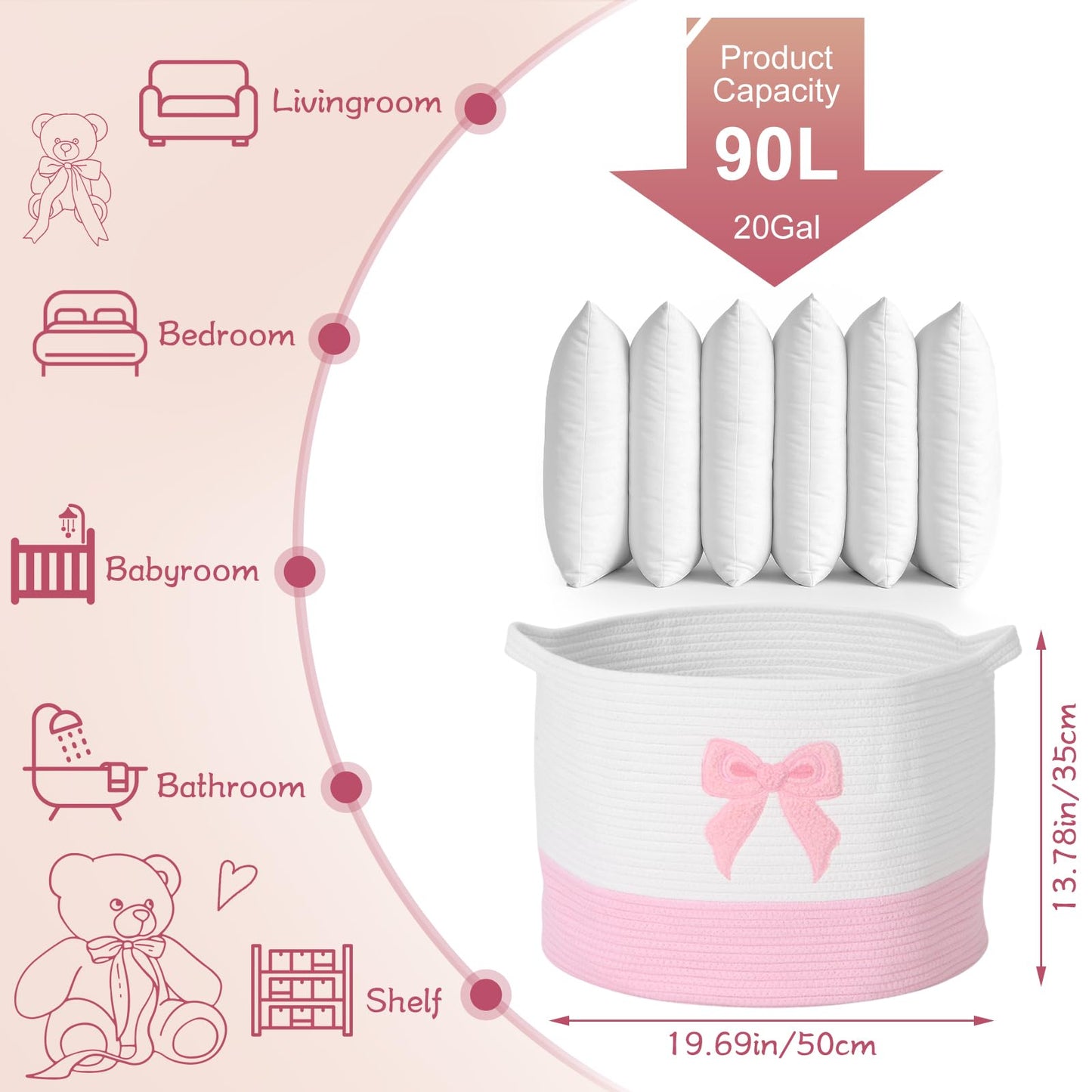LemonRoad Pink Bow Extra Large Cotton Rope Basket 20"x14", Embroidered Woven Baby Laundry Blanket Basket Box with Handle Storage, Blanket Storage for Living Nursery Pillows Laundry Baby Toy Chest