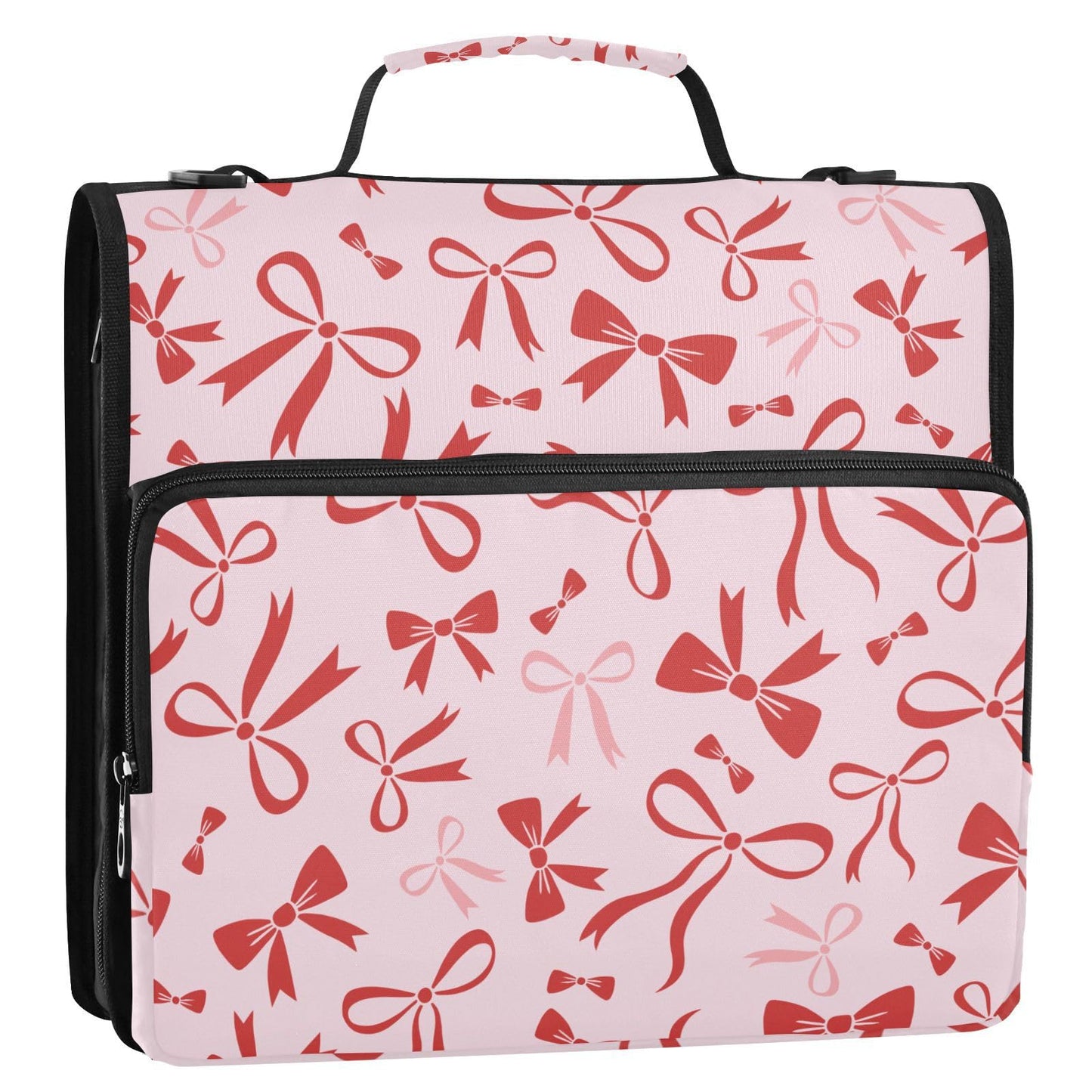 Ribbon Bow Pink Print Zipper Binder Bag 3 Ring with Shoulder Strap & Handle Multi Pocket Binder Organizer Bag Large Capacity for School Office Supplies