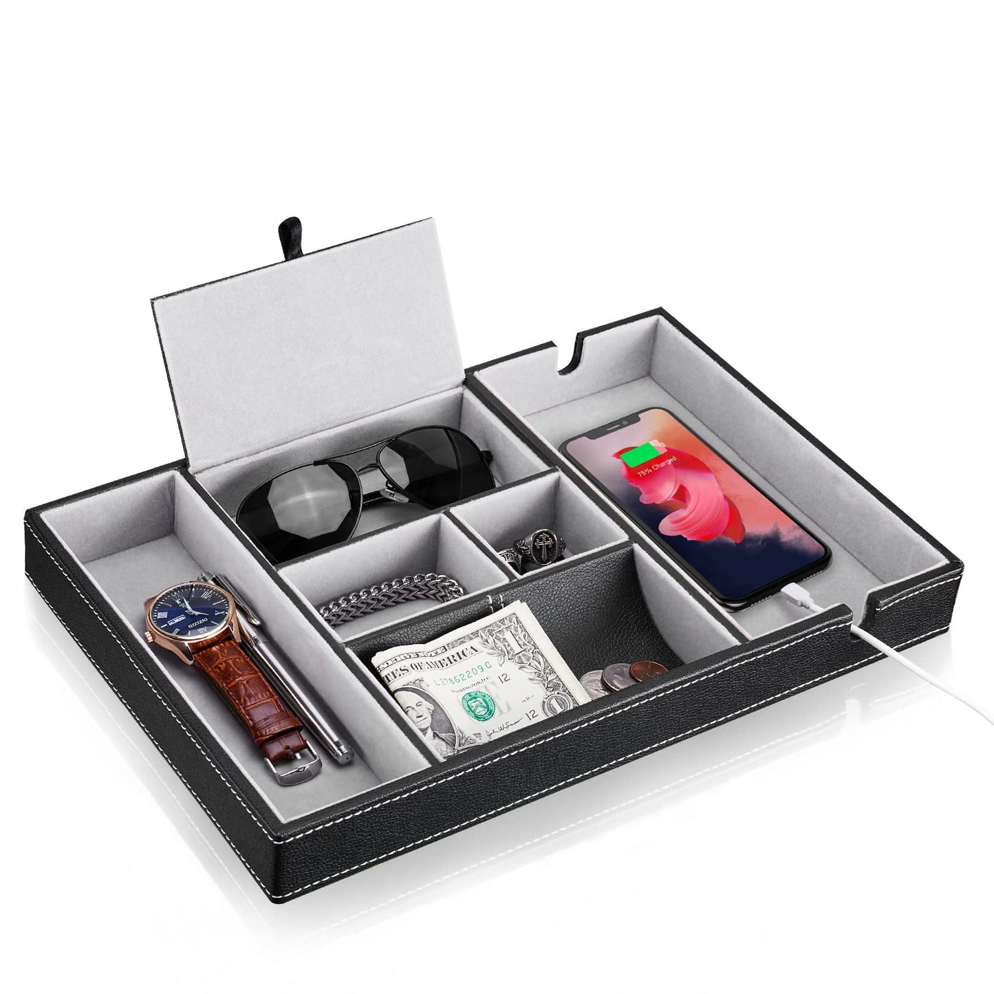 Baoyun Nightstand Organizer Tray,Leather Valet Tray for Men,EDC Catchall with Phone Charging Station,Dresser Top Organizer, 6 Compartments Entryway Box for Wallet, Keys, (Black)