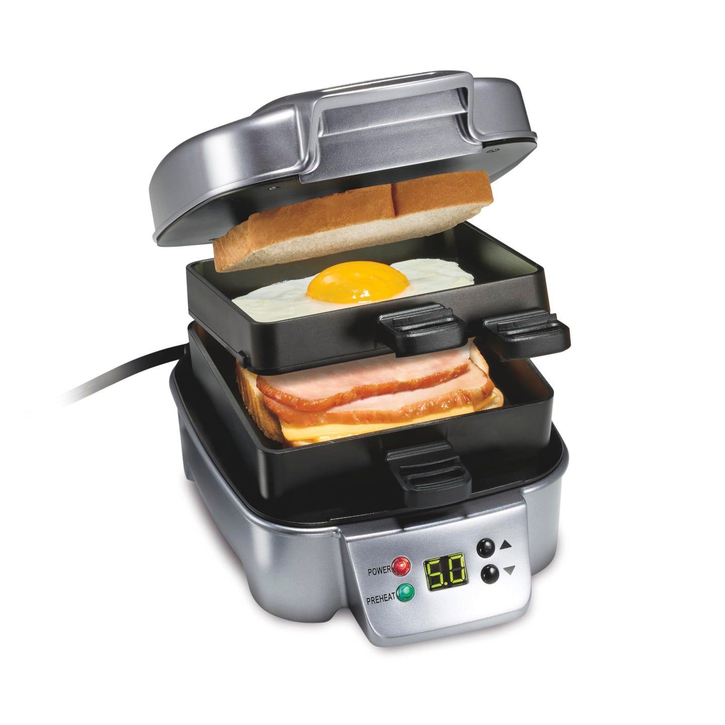 Hamilton Beach Sandwich Stacker Customizable Hot Sandwich Maker, 24 Sq. In. Non-Stick PFAS-Free Cooking Surfaces, Built-In Timer, Compact, Dishwasher-Safe, Perfect White Elephant Gifts, Silver (25471)