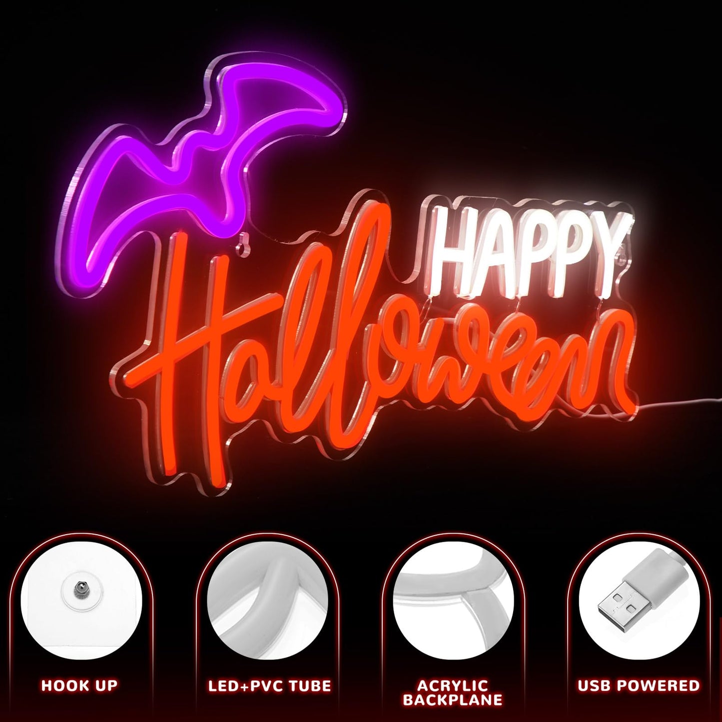Treela Halloween Neon Sign Happy Halloween Sign Wall Decor LED Neon Window Lights USB Powered Bat Light up Bat for Wall Bedroom Living Room Bar Office Decorations