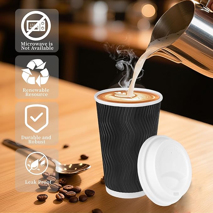 100 Set - 16 oz Coffee Cups with Lids, Disposable Insulated Corrugated Paper Cups, Double Wall Ripple To Go Cups for Hot Drinks, Chocolate, Cocoa (Black)
