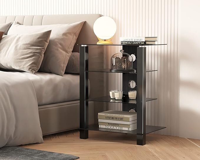FITUEYES 4-Tier AV Media Cabinet Stand Component Cabinet, Gaming TV Stand and Stereo Rack Audio Tower with Height Adjustable Tempered Glass Shelves, AS406003GB