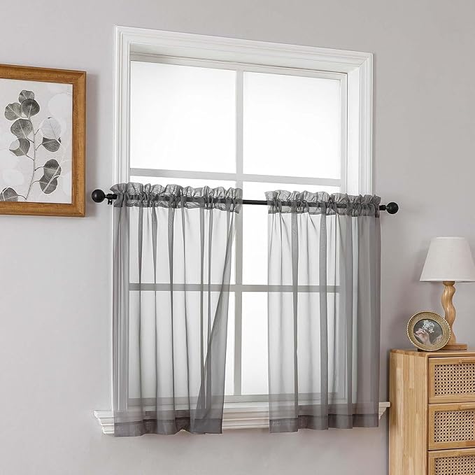 Grey Sheer Curtains Tier 30 Inches Length 2 Panels, Light Filtering Lightweight Soft Window Drapes, Cute Elegant Cafe Curtains for Nursery, Dual Rod Pocket, Charcoal Grey, 2x42Wx30L Inches