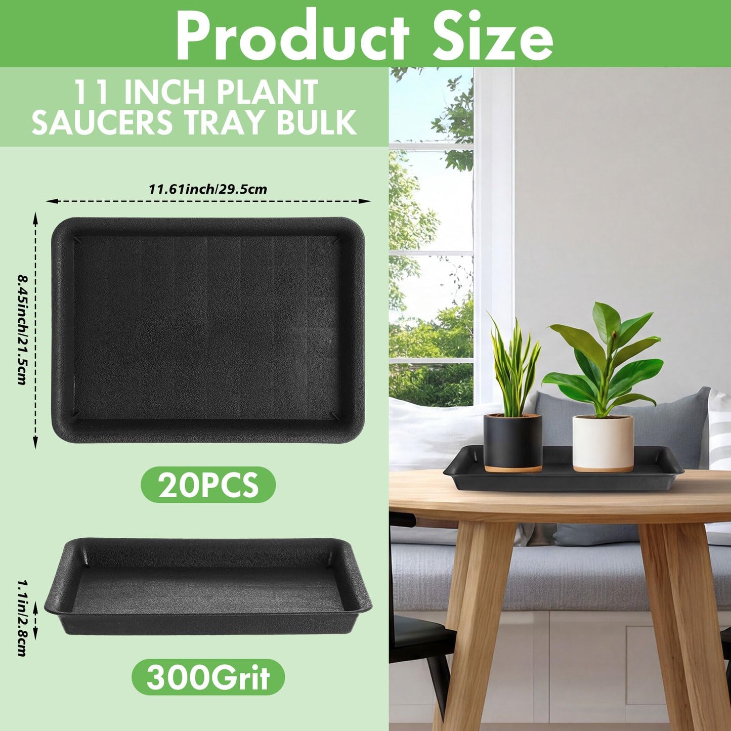 Gejoy 20 Pack 11 Inch Rectangular Plastic Plant Saucers Tray Bulk Heavy Plastic Plant Drip Tray Flower Pot Trays for Indoor Outdoor Anti-Slip Saucer for Garden Potted Water Drips and Soil