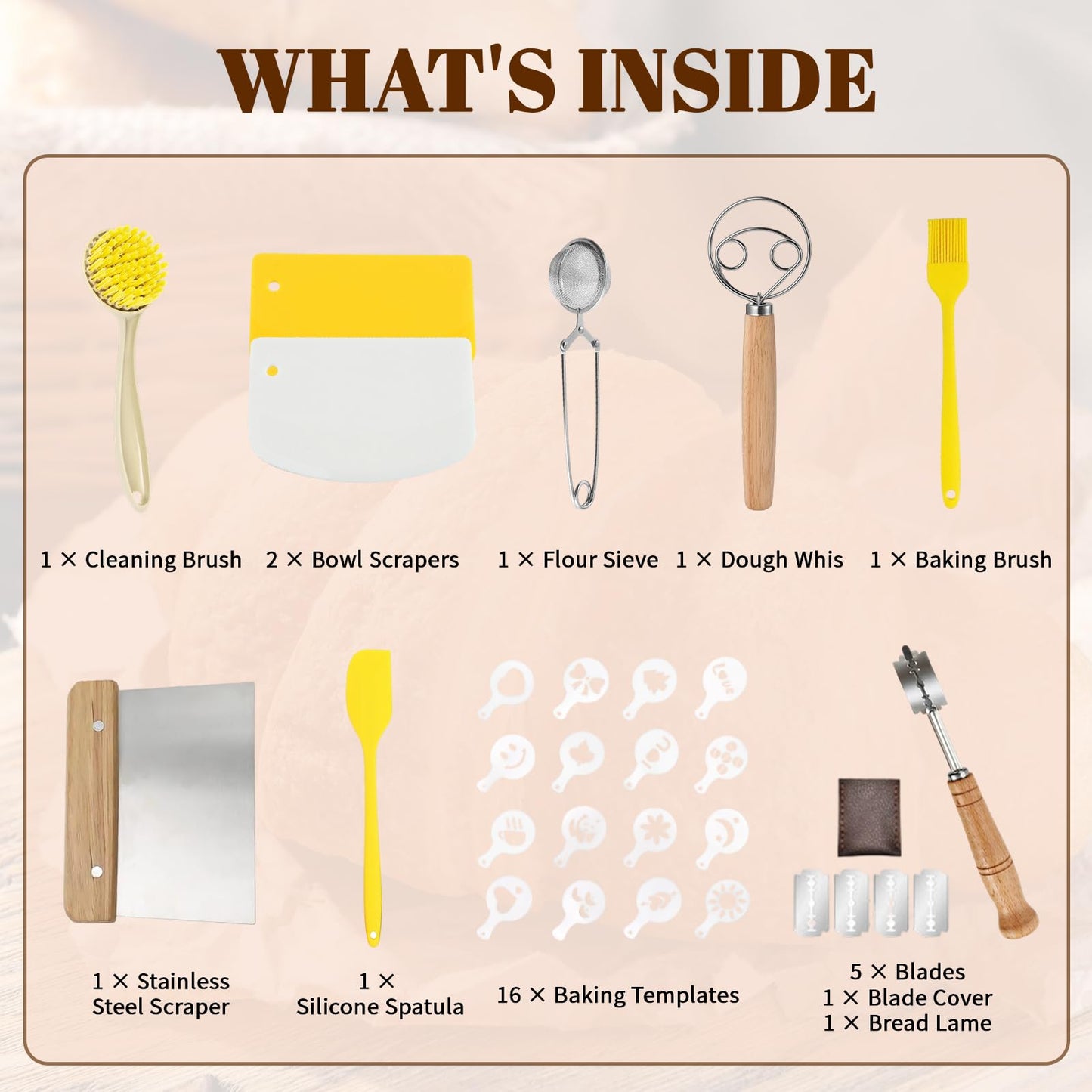 Sourdough Bread Baking Tool Set with Bread Lame & Blades Danish Dough Whisk Bowl Scraper Dough Scraper, Cleaning Brushand Silicone Brush Filter Tennis Ball,Spraying template, Sourdough Starter Kit