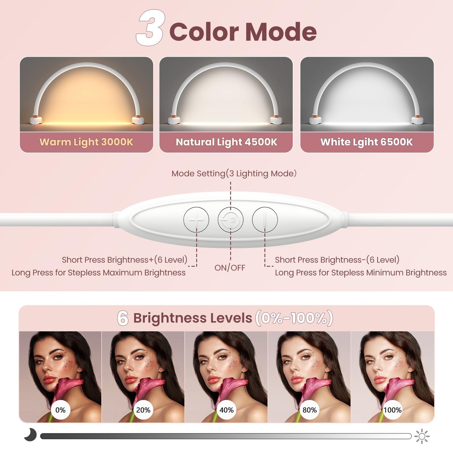 Yokilly Arc Half Moon Light: 16" Half Moon Light with Foldable Bracket for Desk Salon Table Use - No Flicker & Shadow-Free Desk Lamp with Stepless Brightness 3000-6500K for Manicurist Nail Tech