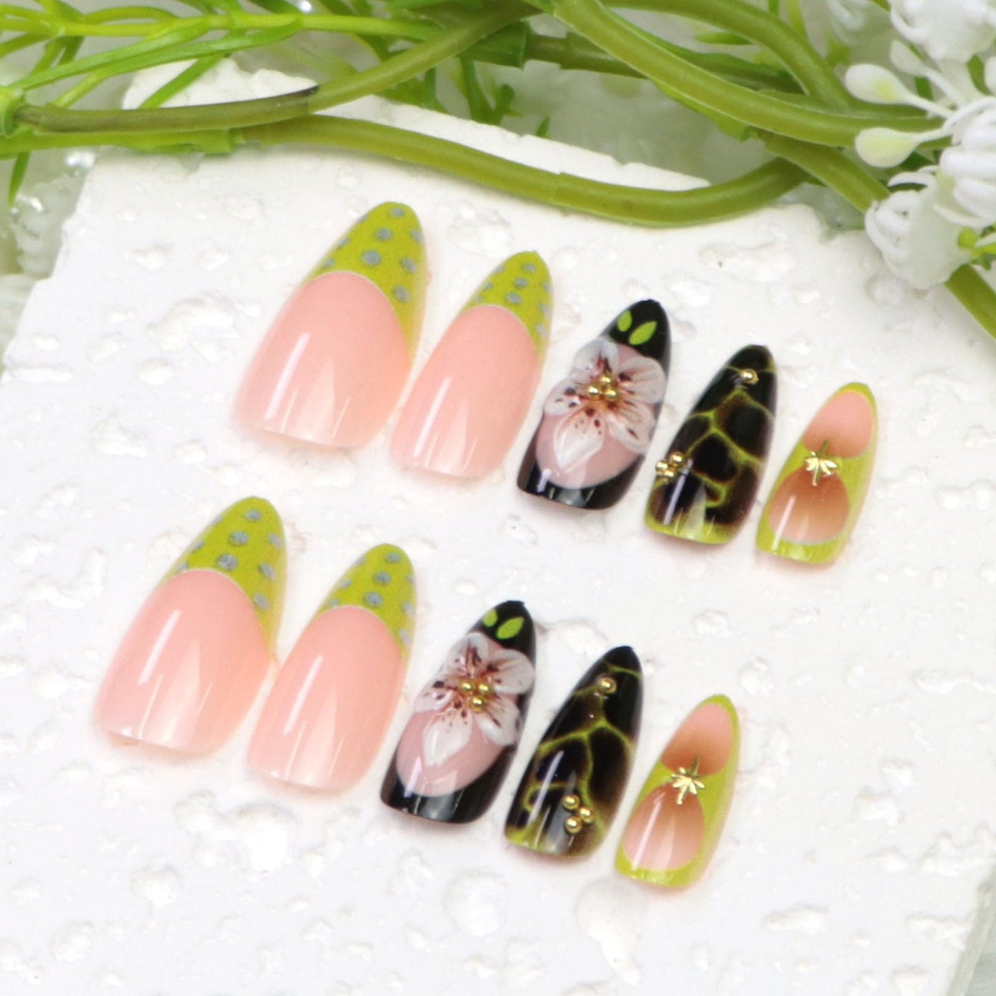 Almond Press on Nails Medium Fake Nails with Flowers Pearls Stars Dots Irregular Patterns Designs Green French Tip Glue on Nails Press ons Light Pink False Nails for Girls 24Pcs