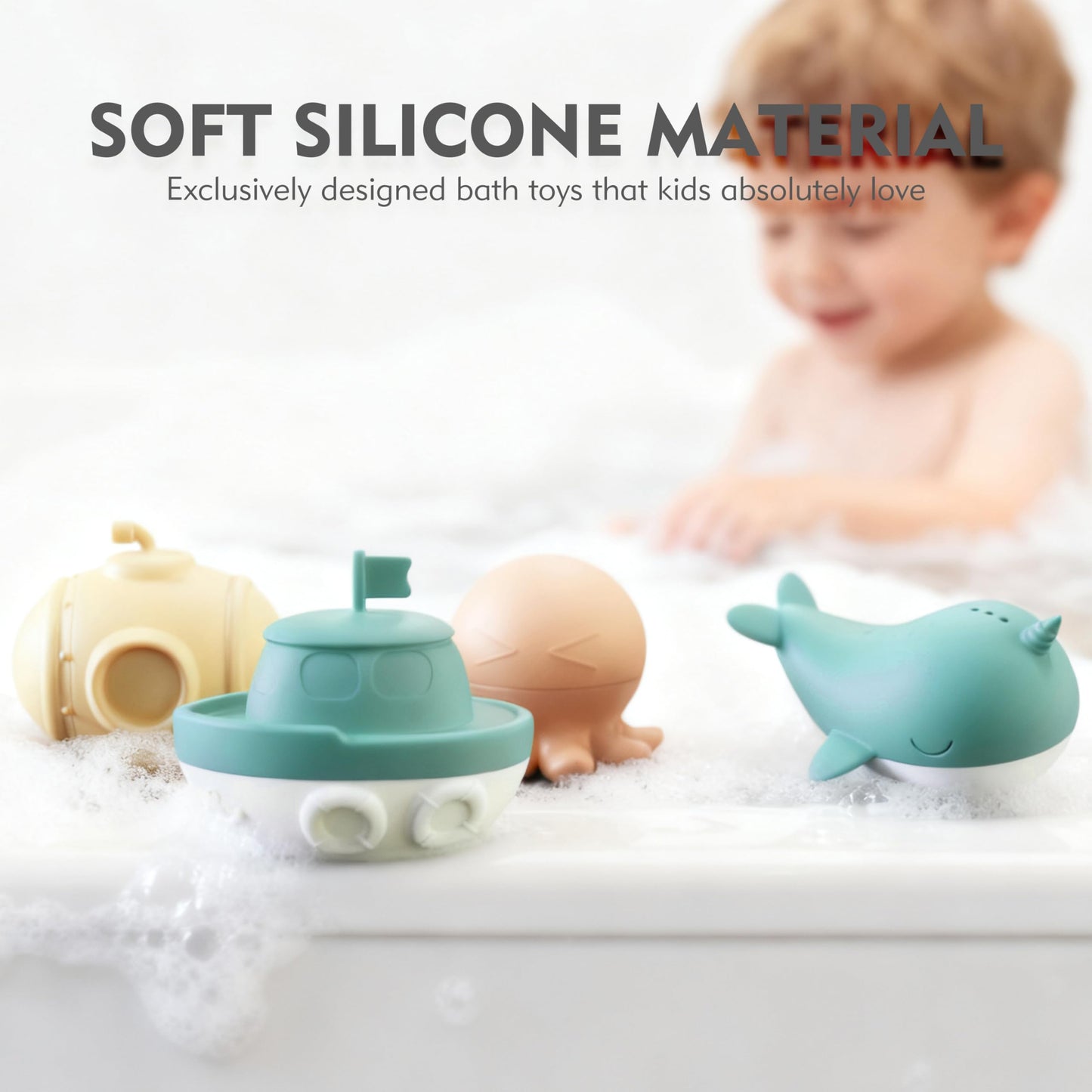 MarcZero Ocean Silicone Bath Toys 8Pcs for Toddlers Kids Babies,Bathtub Water Toys,Soft Squeezable Easy-Grip Pool Toys Set (Green)