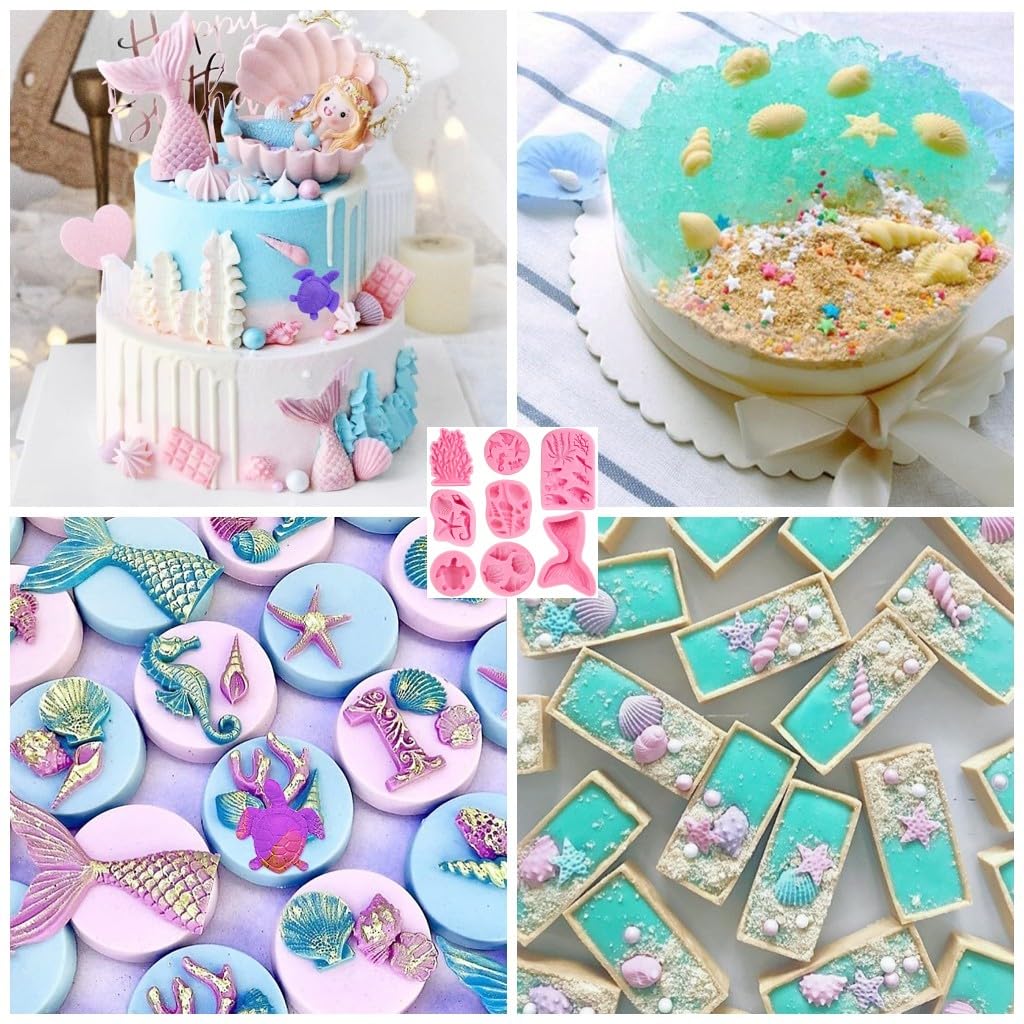 8 PCS Marine Theme Fondant Silicone Mold Seashell Seaweed Sea Fish Coral Conch Sea Turtle Shape DIY Handmade Baking Tools for Cake Cookie Chocolate Candy Decoration Crafts Polymer Clay