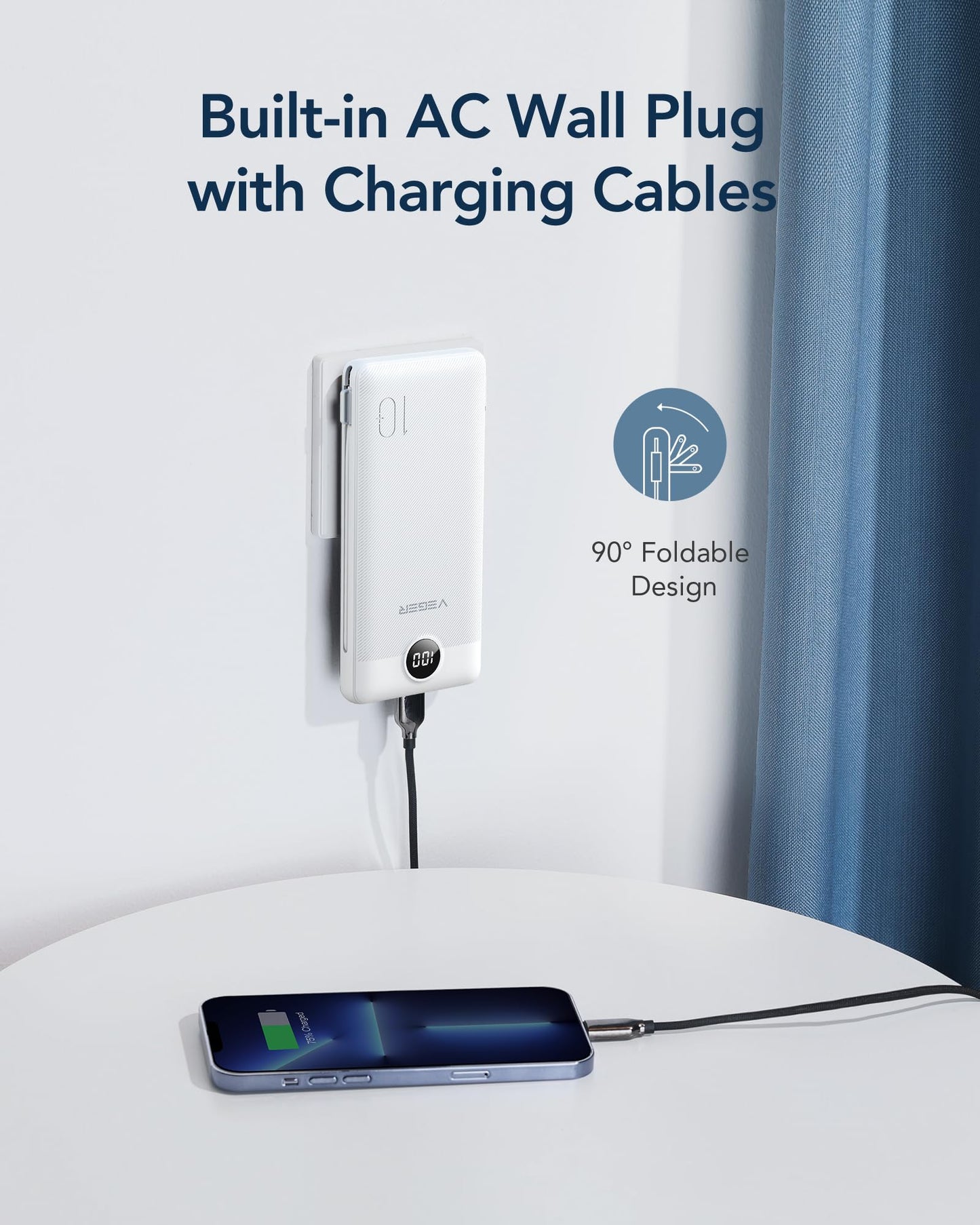 VEGER Portable Charger with Built-in AC Plug and Cables, All in One 10000mAh Ultra Slim Power Bank Travel Essentials, Fast Charging Battery Pack Compatible with iPhone, Samsung, Android (White)