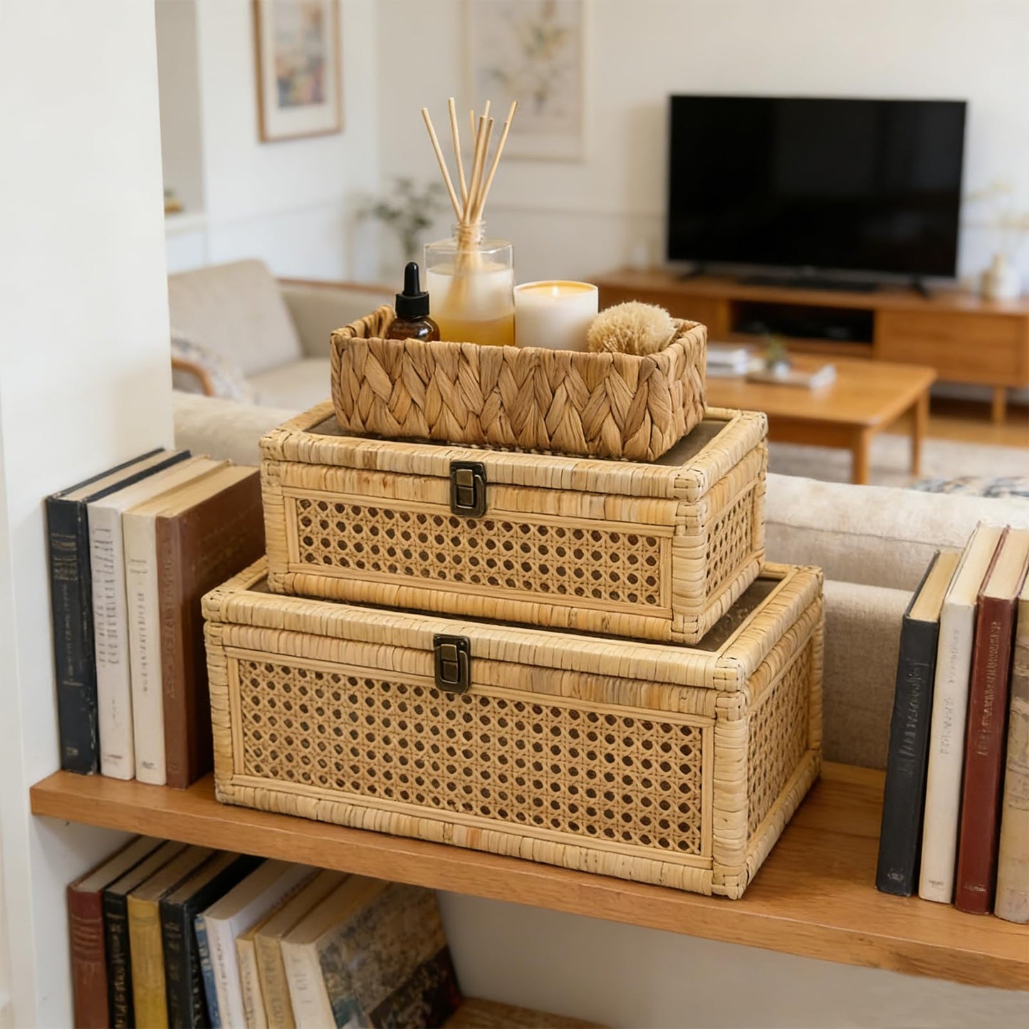 OSMall Decorative Box,Rattan Display Boxes with Lids,Set of 3-Rectangular Decorative Storage Box Set,Natural Woven Storage Bins for Home Decor