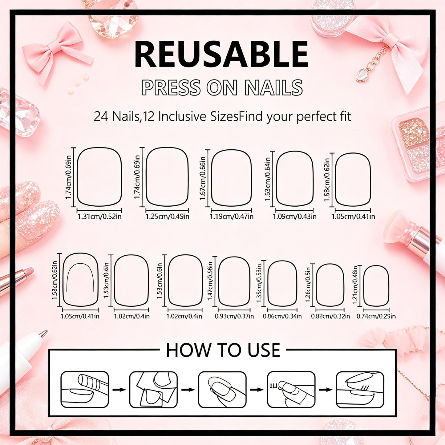 French Tip Press On Nails, Short Square GCSQW Fake Nails with Glitter Magnetic Gel, Nude Pink Glossy False Nails Reusable Acrylic Stick On Nails for Women, 24 Manicure Kit with Adhesive Tabs