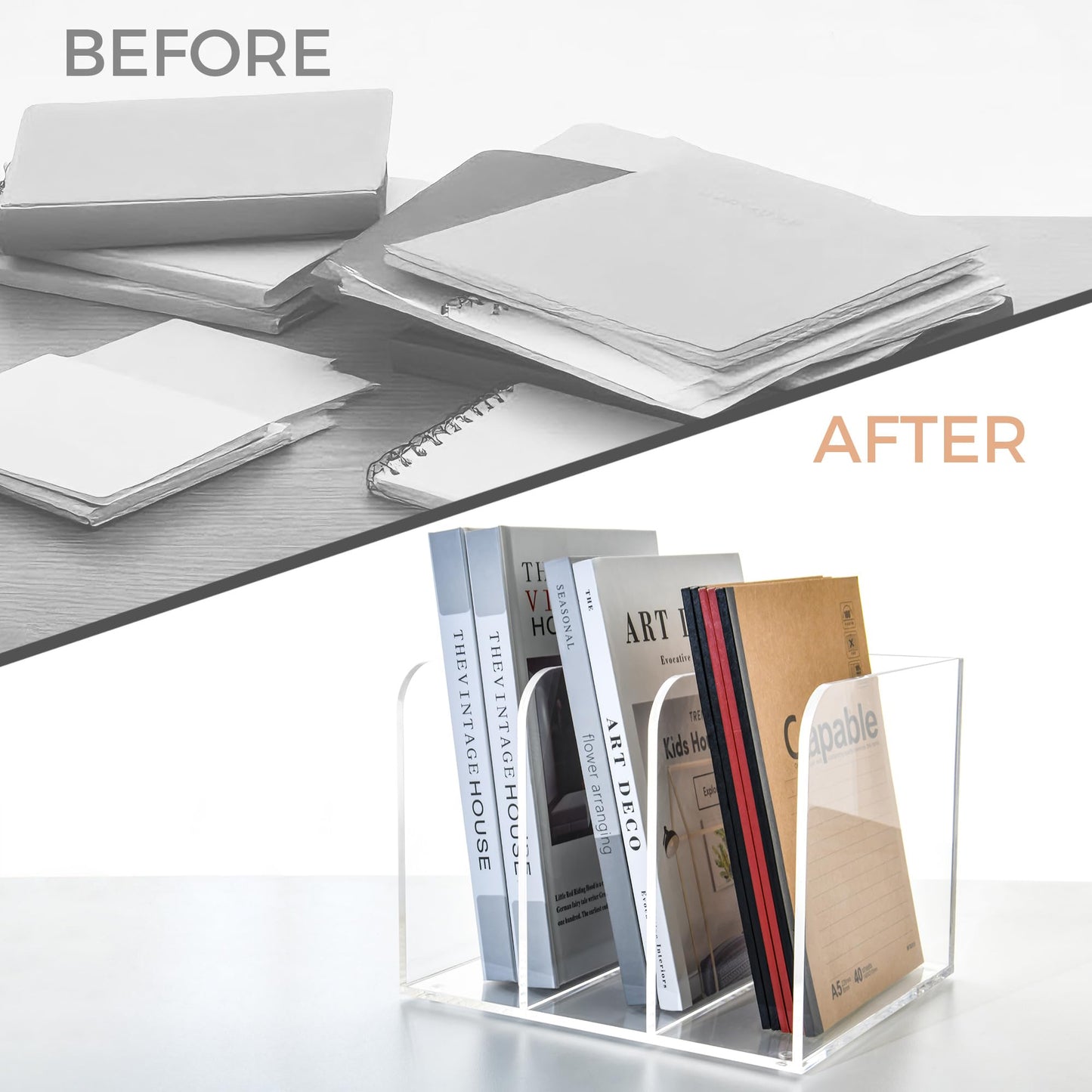 AIMOLLY 3 Vertical Compartments Clear Acrylic Magazine & File Holder – Multipurpose Desk Organizer for Documents, Tablets, Magazines, Books – Office/Home/Classroom Rack