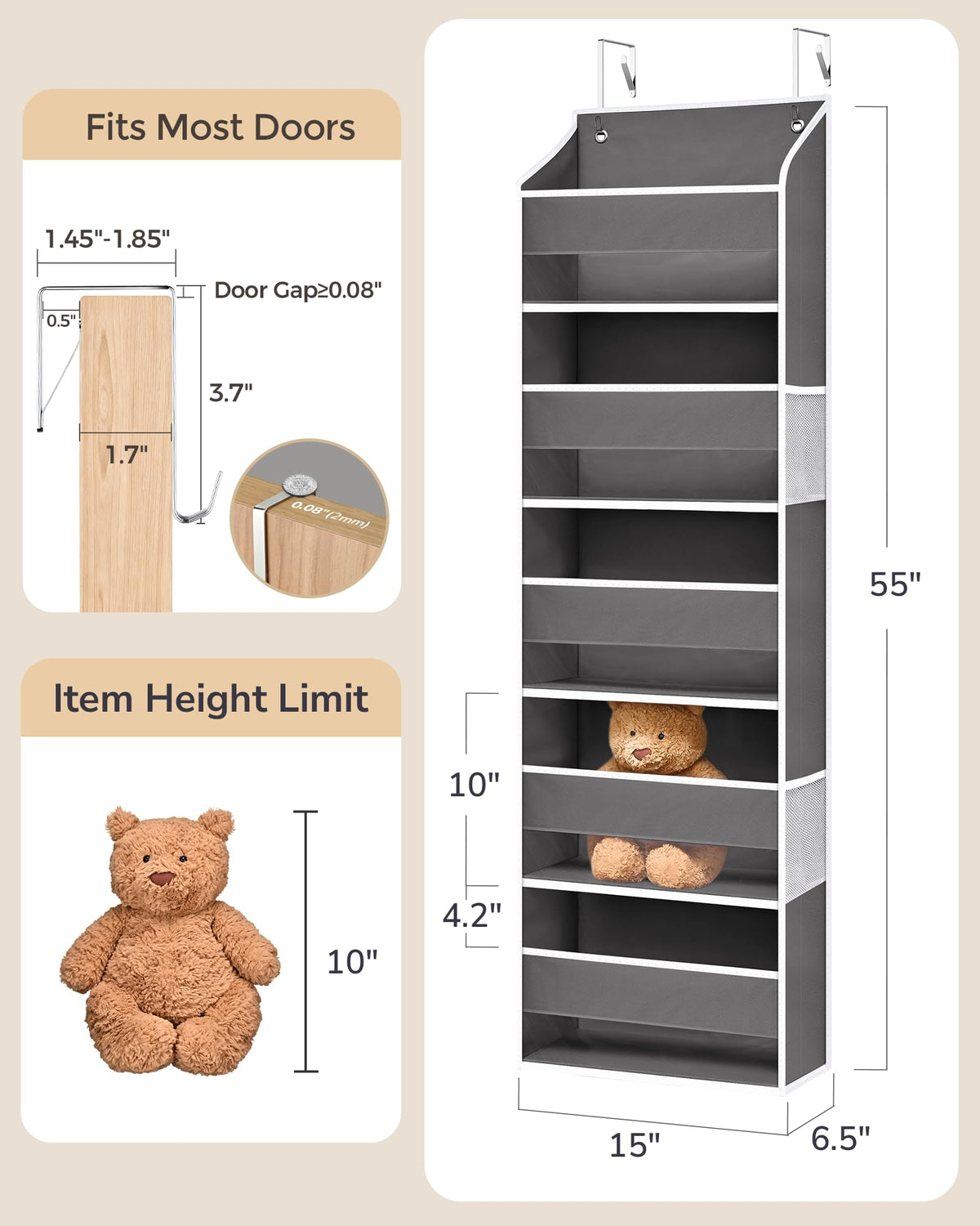 1 Pack Over Door Organizer Hanging Storage Dark Gray
