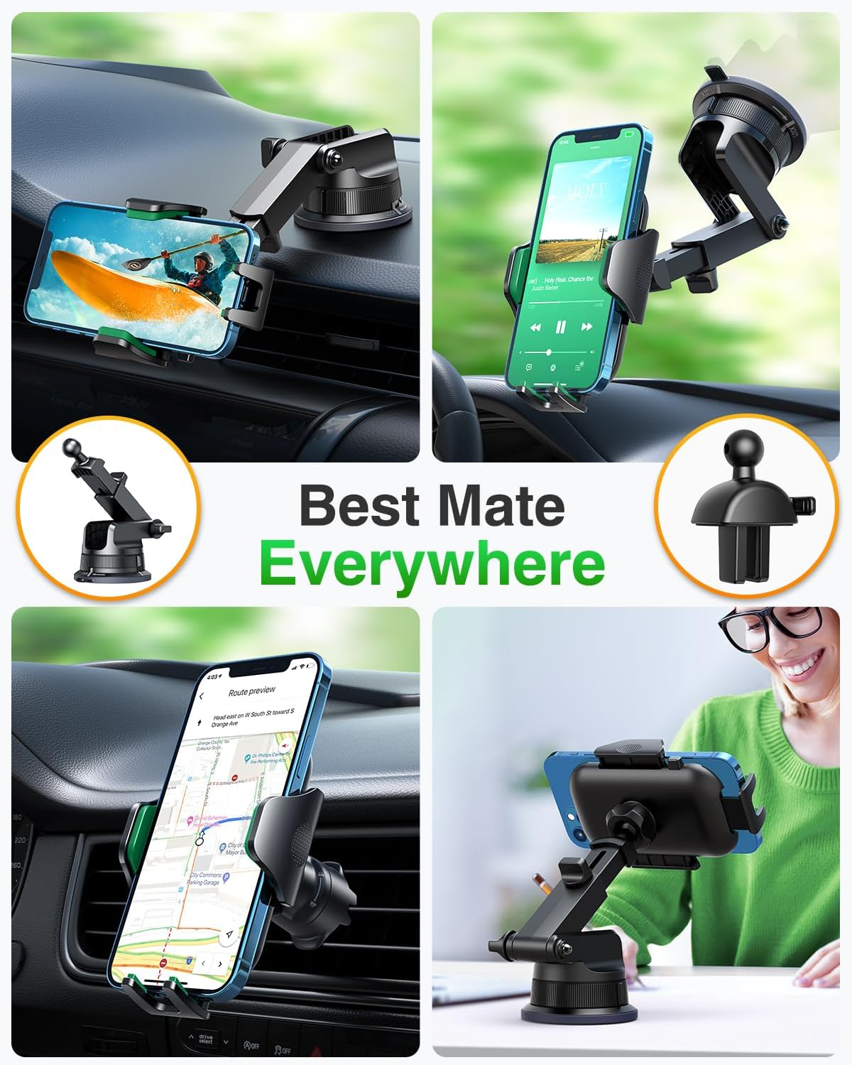 VANMASS [Pro Version] Universal Car Phone Mount [Super Suction Cup] Dashboard Phone Holder, Handsfree Windshield Dash Vent Phone Holder Car, Compatible for iPhone 16 15 14 13 Samsung LG & Truck,Green